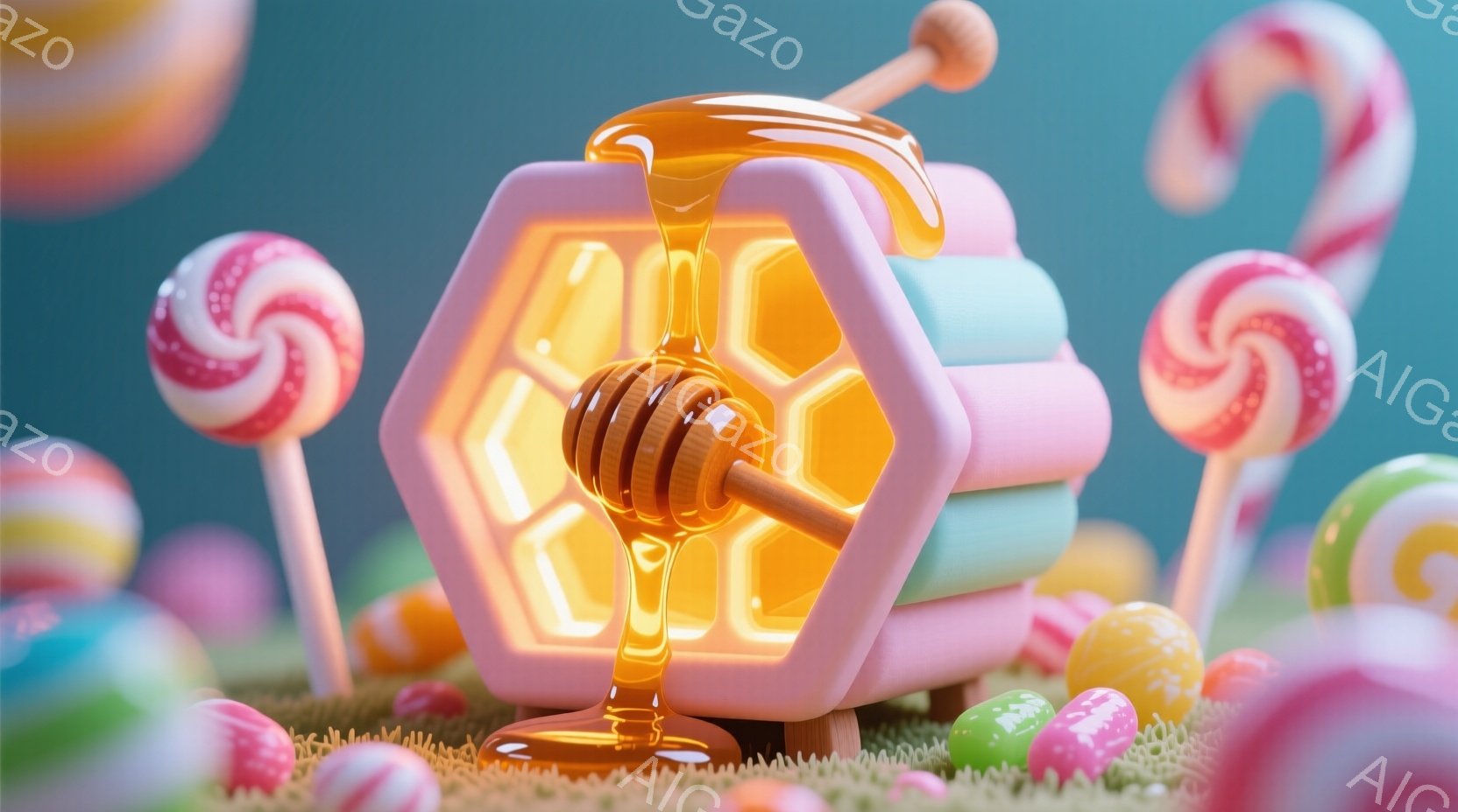 鮮やかなパステルカラーのキャンディが背景に並び、中央には蜂蜜が滴る蜂の巣の形をした構造物が置かれています。構造物はピンク色で縁取られ、内側は明るい黄色で光を放ち、蜂蜜が流れ落ちています。全体的に明るく、甘くて遊び心のある雰囲気が漂っています。