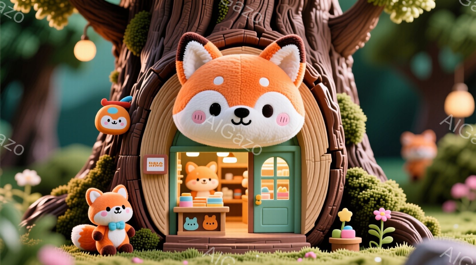 鮮やかな緑の草むらの中に、キツネをモチーフにした可愛らしいお店があります。お店は木の幹に作られており、キツネの顔が正面に飾られています。入り口のそばには小さなキツネの置物と、水色のリボンを付けたキツネ - AI生成フリー素材
