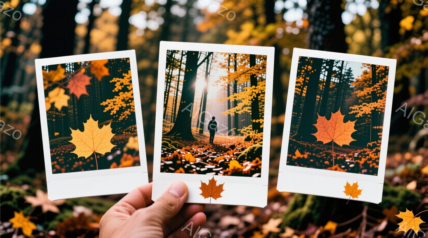 落ち葉で覆われた森の中を、背の高い男性が歩いている写真が３枚並んだ画像です。男性は黒いコートを着ており、後ろ姿しか見えません。背景は秋の鮮やかな木々と、差し込む光によって神秘的な雰囲気が漂っています。 - AI生成フリー素材