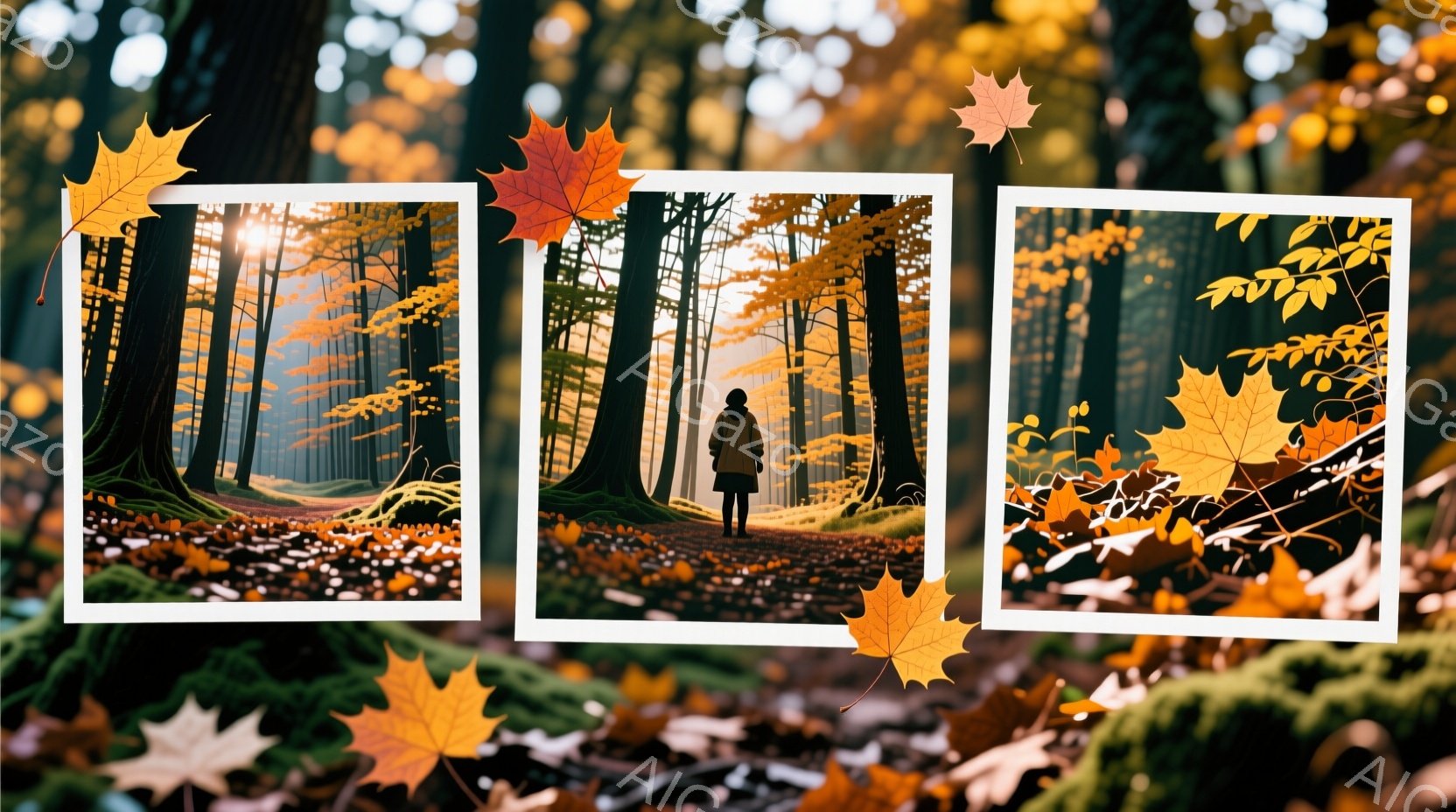 深い森の中に立つ女性は、黒いジャケットとズボンを身につけ、頭に帽子をかぶっています。彼女は森の中の小道を進んでおり、後ろ姿からは孤独感と静けさが感じられます。背景は鮮やかな紅葉に染まった木々で、太陽光が差し込み、幻想的な秋の雰囲気を醸し出しています。