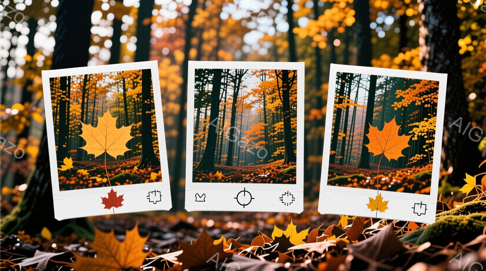 落ち葉で囲まれた３枚のポラロイド写真のコラージュで、それぞれの写真には秋の森の風景が写っています。木々は赤やオレンジ色に染まり、光が差し込む森の奥へと続く道が印象的です。全体的に暖かく、ノスタルジック - AI生成フリー素材