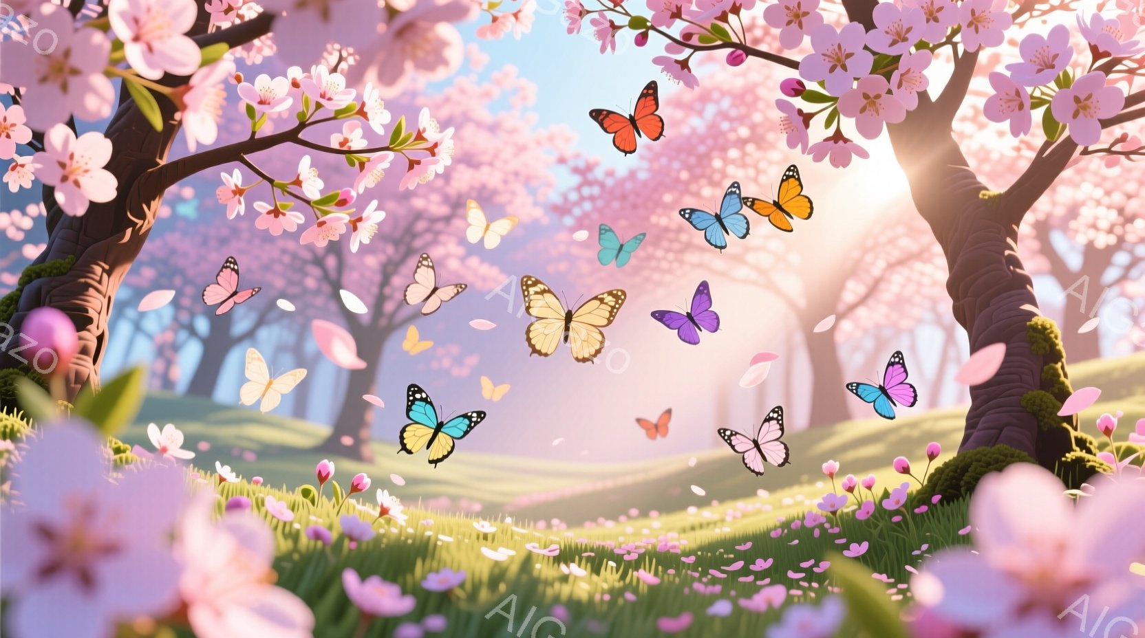 桜の花びらが舞い散る春の風景が描かれている。ピンク色の桜並木の下には緑の草原が広がり、色とりどりの蝶が飛び交っている。暖かく穏やかな光が差し込み、幻想的で平和な雰囲気を醸し出している。 - AI生成フリー素材
