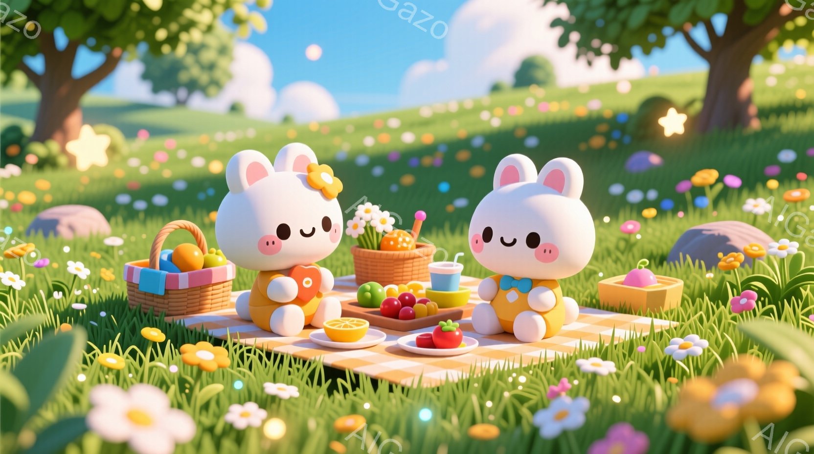 牧歌的な風景の中に、2匹の愛らしいウサギがピクニックを楽しんでいます。ウサギたちはオレンジ色のオーバーオールを着ており、片方は頭に黄色いリボンをつけています。背景には緑豊かな草原、色とりどりの花々、そ - AI生成フリー素材