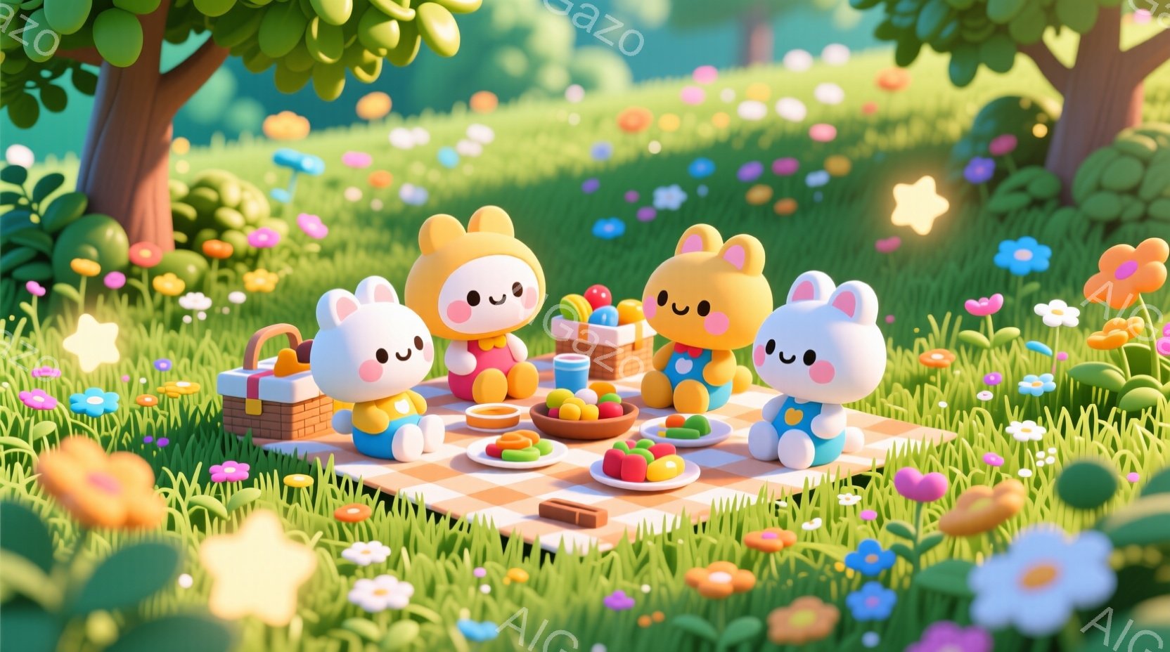 インターネット上で人気のあるキャラクターたちが出演する幻想的な風景です。それぞれ独特の服装や髪型、表情をしています。主要なキャラクターはサイコロを振っていて、彼らが楽しむように、手の上にある食べ物の箱 - AI生成フリー素材