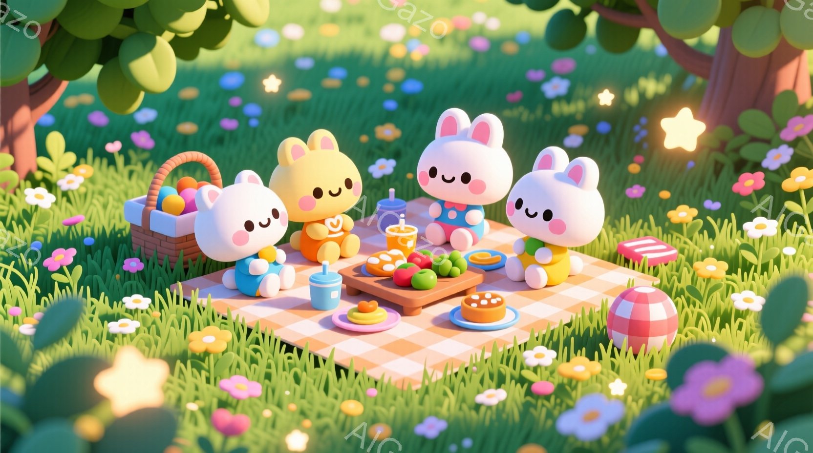 鮮やかな緑の草原で、四匹の可愛らしいウサギがピクニックを楽しんでいます。それぞれ異なる色の服を着ており、ピンク、黄色、水色、白とカラフルです。ウサギたちは丸い目とほのかな笑顔で、お弁当や飲み物を囲み、 - AI生成フリー素材