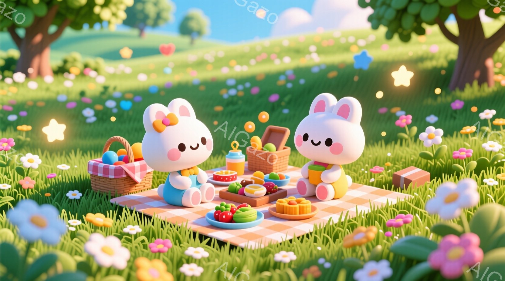 ふわふわの白いウサギのキャラクターが二人、チェック柄の敷物の上でピクニックを楽しんでいます。ピンクの服を着ており、つぶらな瞳と穏やかな笑顔が可愛らしいです。背景には緑豊かな草原と、パステルカラーの可愛 - AI生成フリー素材