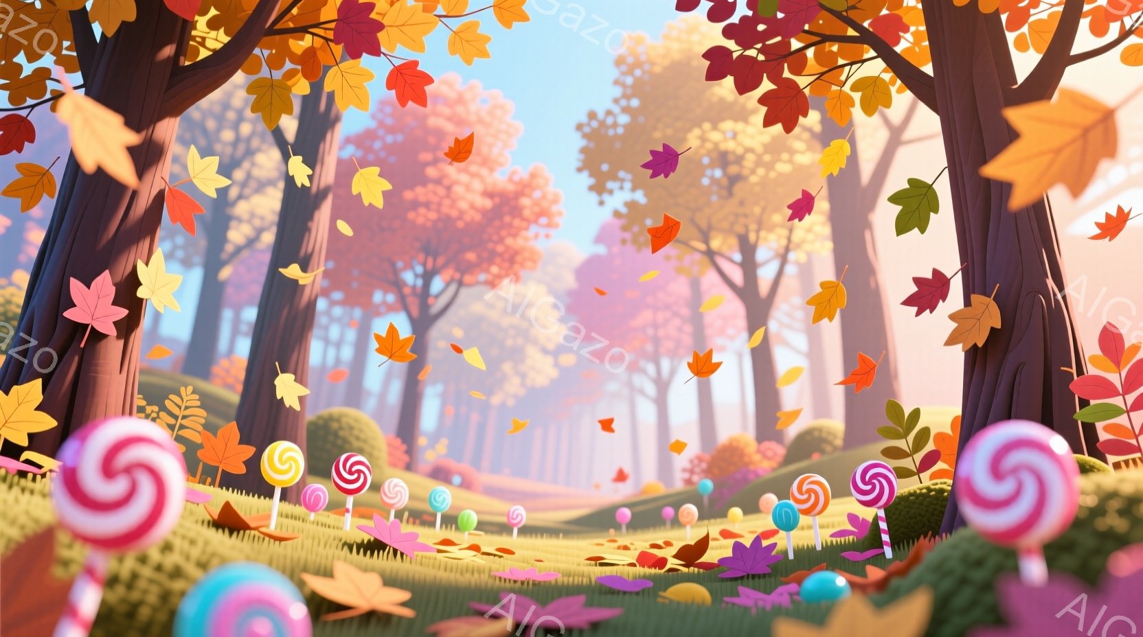 広大な森が秋の色で染まり、地面には赤や黄色の落ち葉が散らばっています。カラフルなキャンディやロリポップが草原に点在し、夢のような幻想的な雰囲気を醸し出しています。遠くにはぼやけた木々のシルエットが見え - AI生成フリー素材