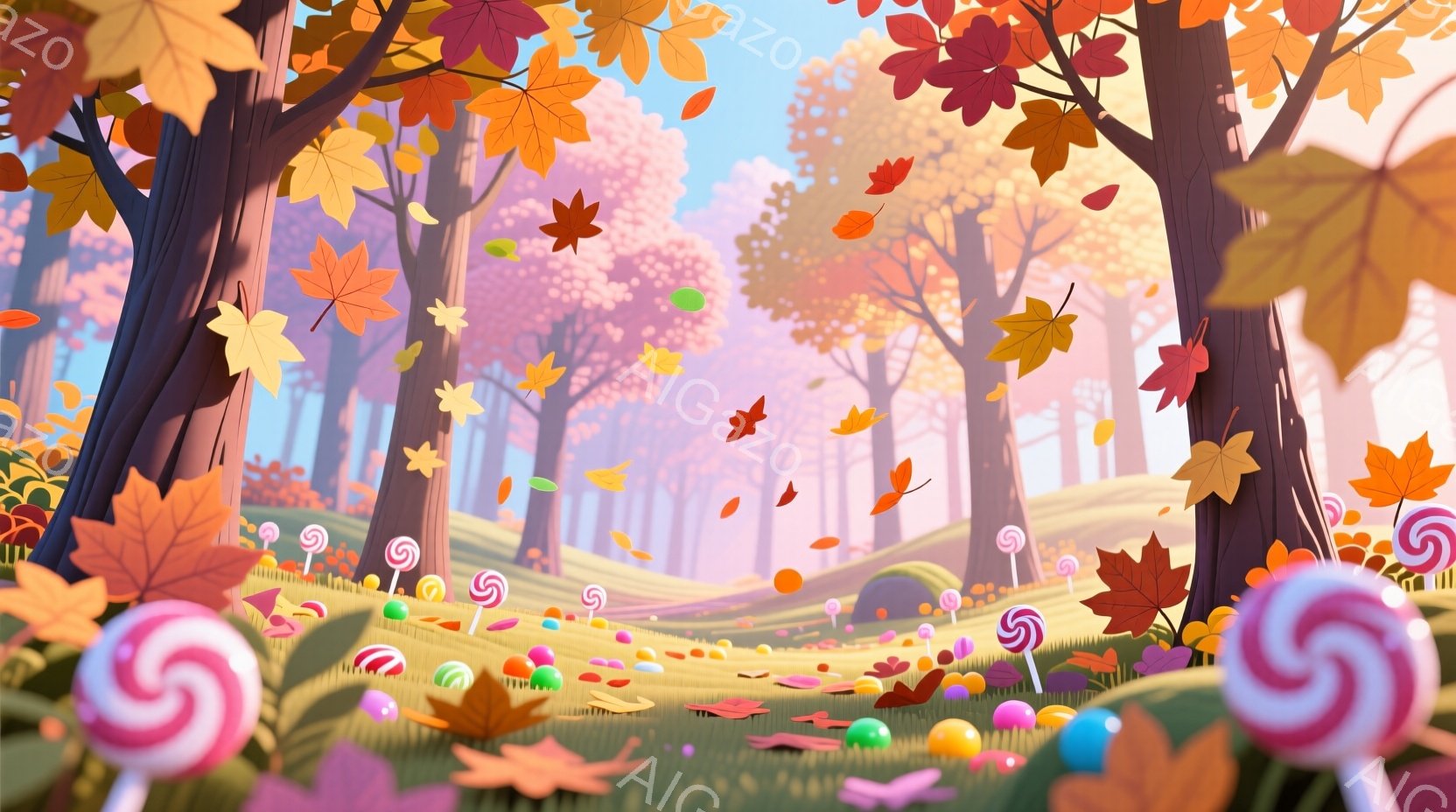 カラフルな紅葉が舞い散る、ファンタジーのような森の風景です。地面にはキャンディーやグミが散らばっており、まるで夢の中にいるような、甘くて可愛らしい雰囲気を醸し出しています。木々は高くそびえ立ち、全体的に暖かく、遊び心に満ちた空間が表現されています。