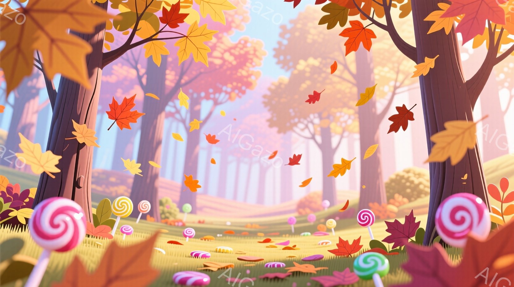 秋の景色を背景に、女性が木々の中を歩きながら、笑顔で感動的な表情をしている。彼女はロングコートとスキニージーンズを着用し、ポップコーンの上に立っているようだ。全体として、楽しく愉快な気分が際立っている。