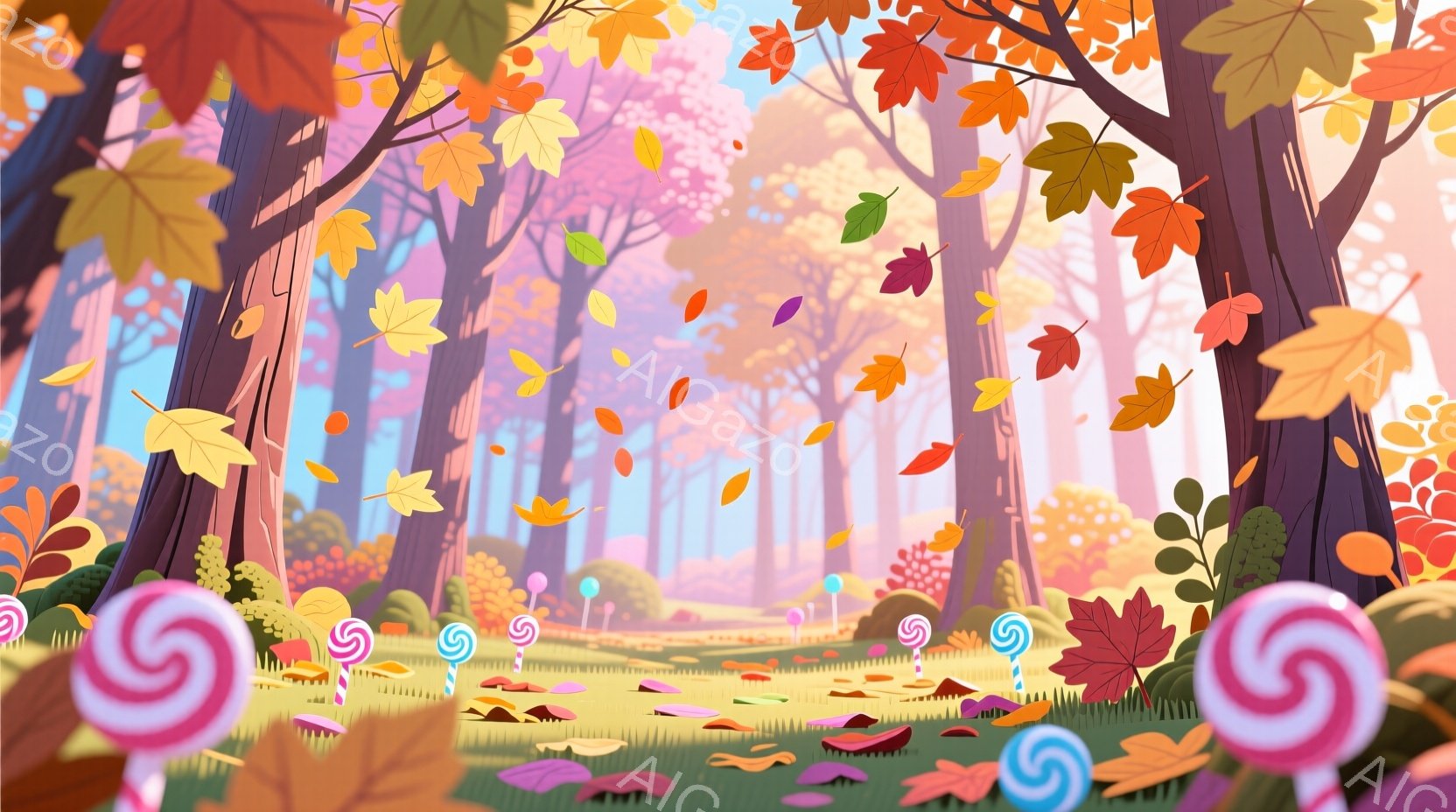 鮮やかな秋の森が描かれており、地面には落ち葉が散らばり、木々はオレンジ、赤、黄色の葉で覆われています。巨大なキャンディが点在し、まるで夢のような、お菓子の国のような雰囲気です。背景はぼんやりと光に包まれ、暖かく幻想的な秋の日の情景が広がっています。