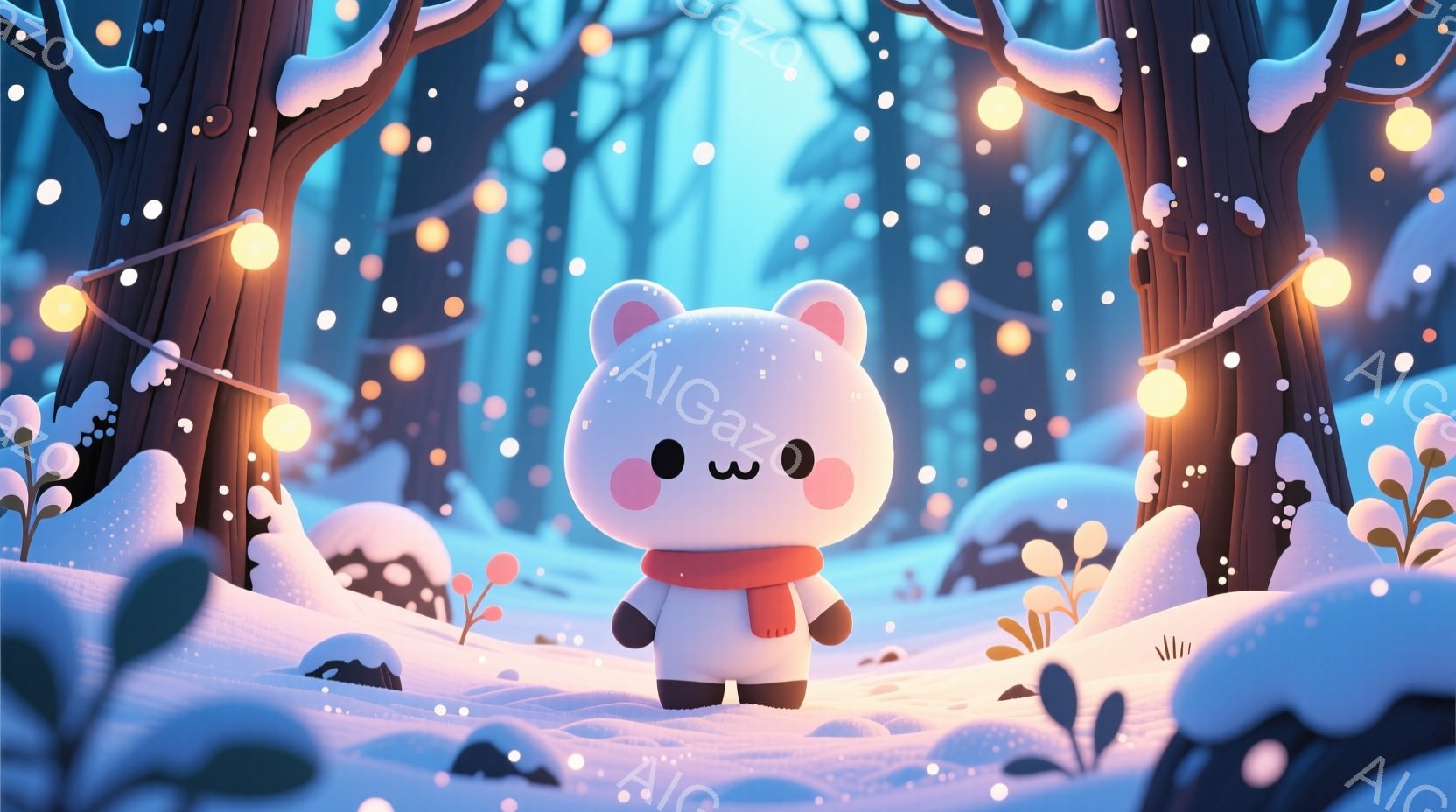 白くて丸いクマのキャラクターが雪景色の中に立っています。赤いマフラーを巻いており、つぶらな瞳でこちらを見ているような表情をしています。背景には雪をまとった木々が立ち並び、ぼんやりとした光が灯る冬の森の雰囲気を醸し出しています。