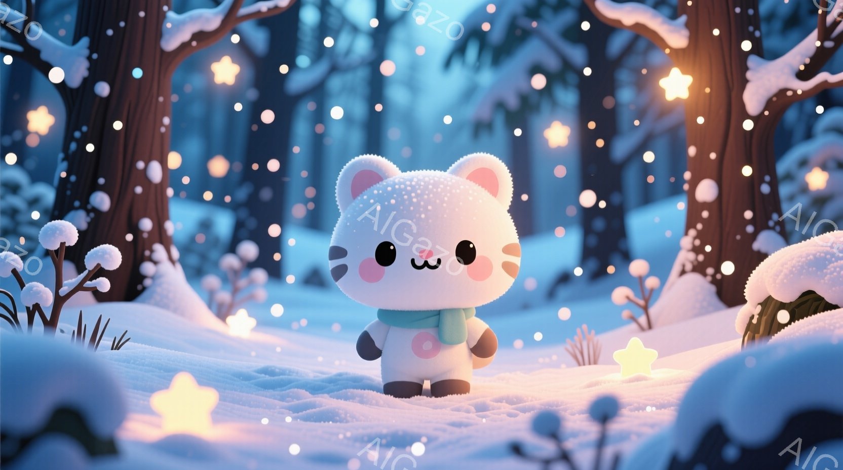 白くてふわふわした動物のキャラクターが雪景色の中に立っています。緑色のマフラーを巻き、顔には可愛らしい笑顔があり、丸い体型と小さな手足が特徴的です。背景には雪で覆われた木々があり、雪片が舞い散る冬の静 - AI生成フリー素材