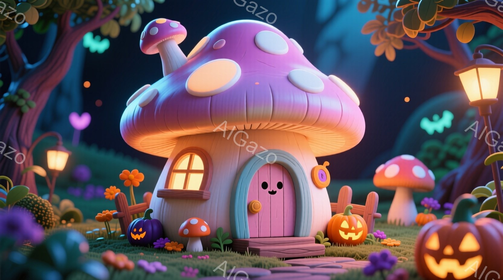鮮やかなピンク色のキノコ型の家が、緑の芝生の上に建っています。家の周りには、ジャック・オ・ランタンや小さなキノコが点在し、可愛らしい雰囲気を醸し出しています。背景には木々が生い茂り、ぼんやりとした光が - AI生成フリー素材
