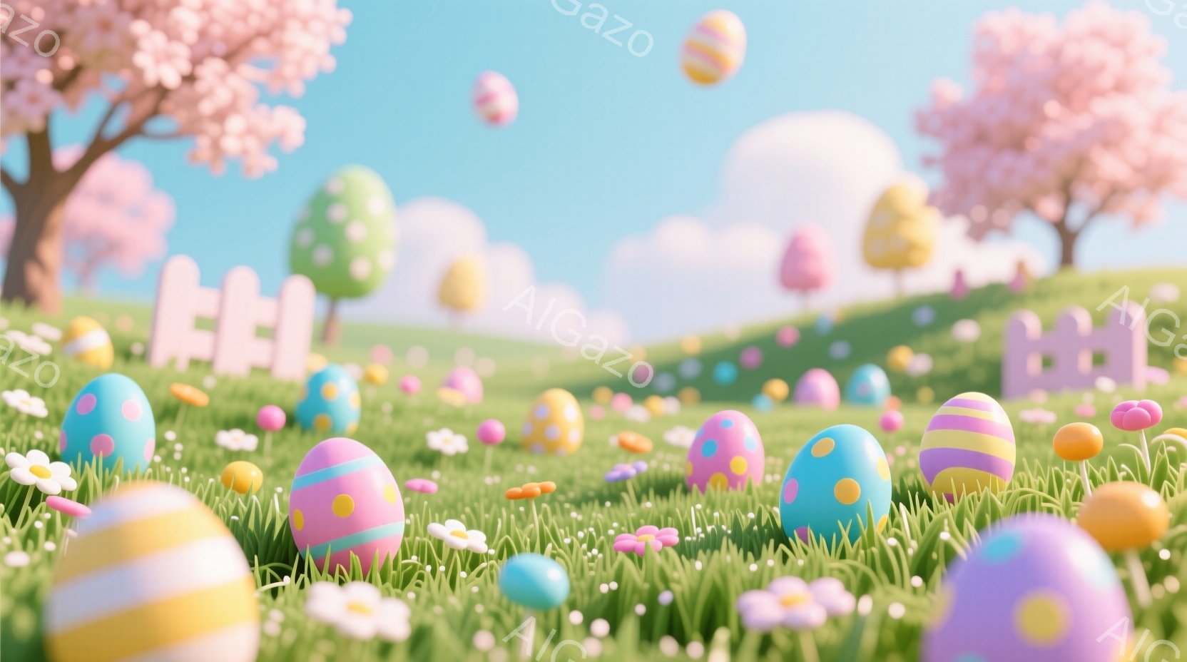 カラフルなイースターエッグが緑豊かな草原に散らばり、春らしい軽やかな雰囲気を醸し出しています。背景には、ピンク色の桜の木々と、パステルカラーの可愛らしい建物が点在し、晴天の下、穏やかな一日が広がってい - AI生成フリー素材