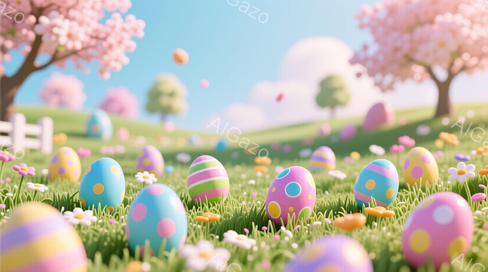 カラフルなイースターエッグが緑の草の上に散らばり、小さな白い花が点在しています。背景にはピンクの花が咲き誇る木々や、緑の丸い木々が配置され、明るい青空とふわふわの雲が広がっています。全体的に春らしく、 - AI生成フリー素材