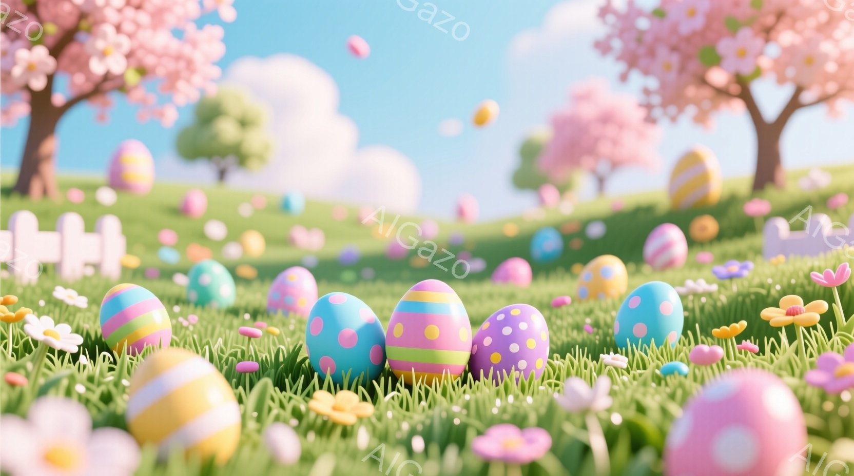 柔らかい緑の草地に、カラフルなイースターエッグが散らばっています。背景には、ピンク色の桜の木が咲き誇り、青い空が広がっています。全体的に暖かく、春らしい穏やかな雰囲気です。 - AI生成フリー素材