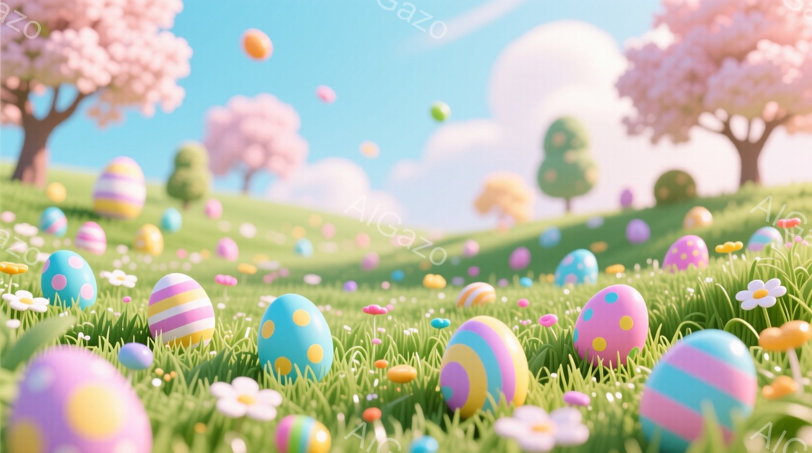 広々とした緑の草原に、カラフルなイースターエッグが散らばり、春の陽光の下で輝いています。背景には桜の木が点在し、柔らかなピンク色の花が咲き誇り、暖かく穏やかな雰囲気を醸し出しています。空は明るい青色で - AI生成フリー素材