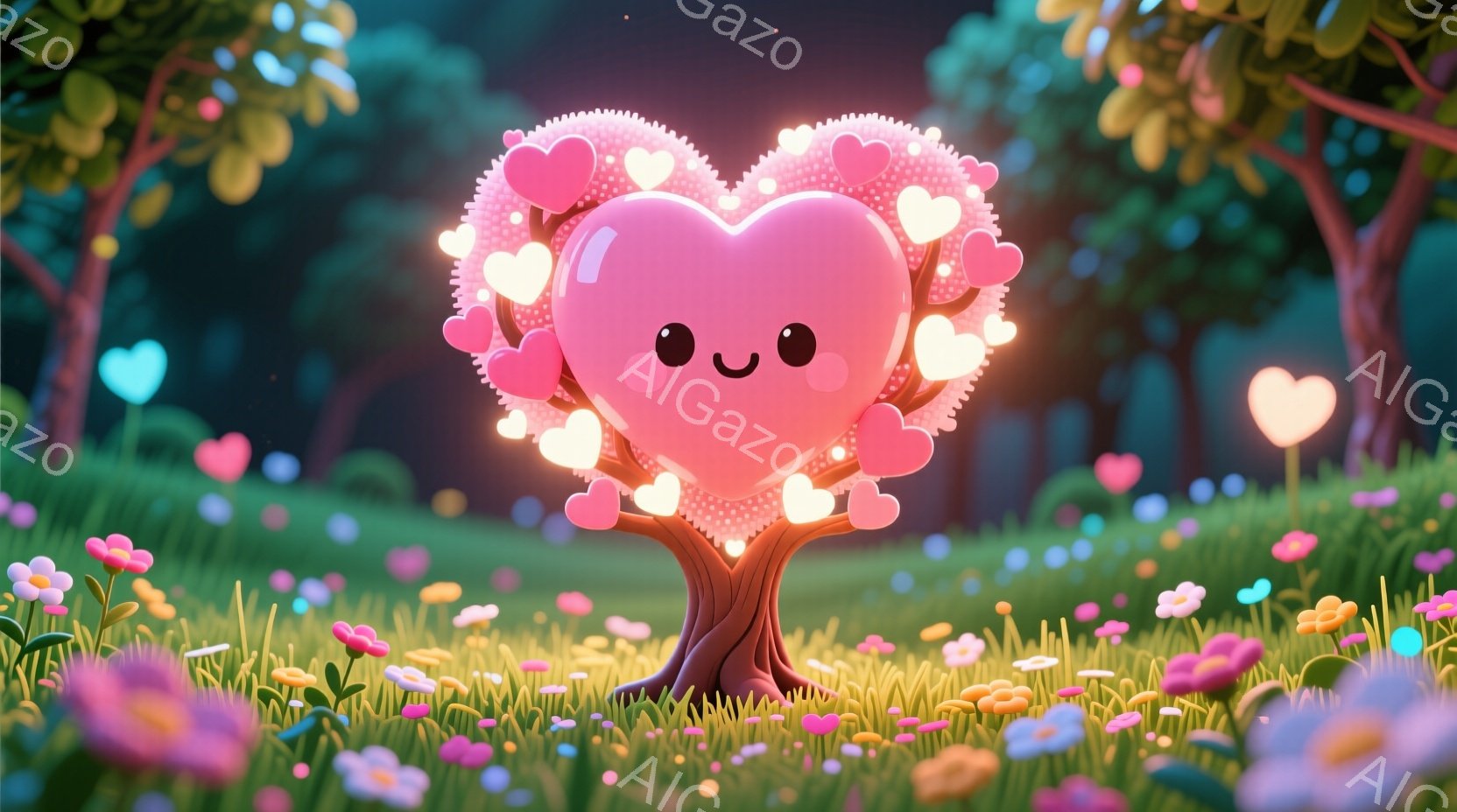 明るい緑の草原に、ハートの形をした木が立っている。木の幹は茶色で、ハートの葉はピンク色で輝き、周りには小さな白い光が舞っている。背景にはぼやけた緑の木々が広がり、花々が咲き乱れ、暖かく幻想的な雰囲気を - AI生成フリー素材
