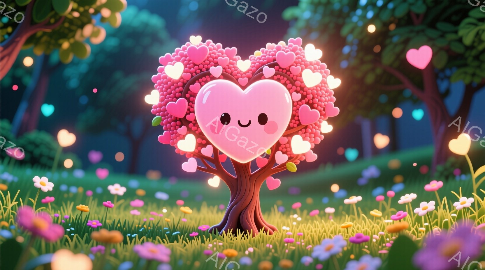 鮮やかな緑の草原に、ハートの形をした木が生えています。この木は、ピンク色の小さなハートの葉で覆われ、愛らしい表情をしています。背景には、ぼやけた緑の木々と、光る光点があり、夢のような雰囲気を醸し出して - AI生成フリー素材