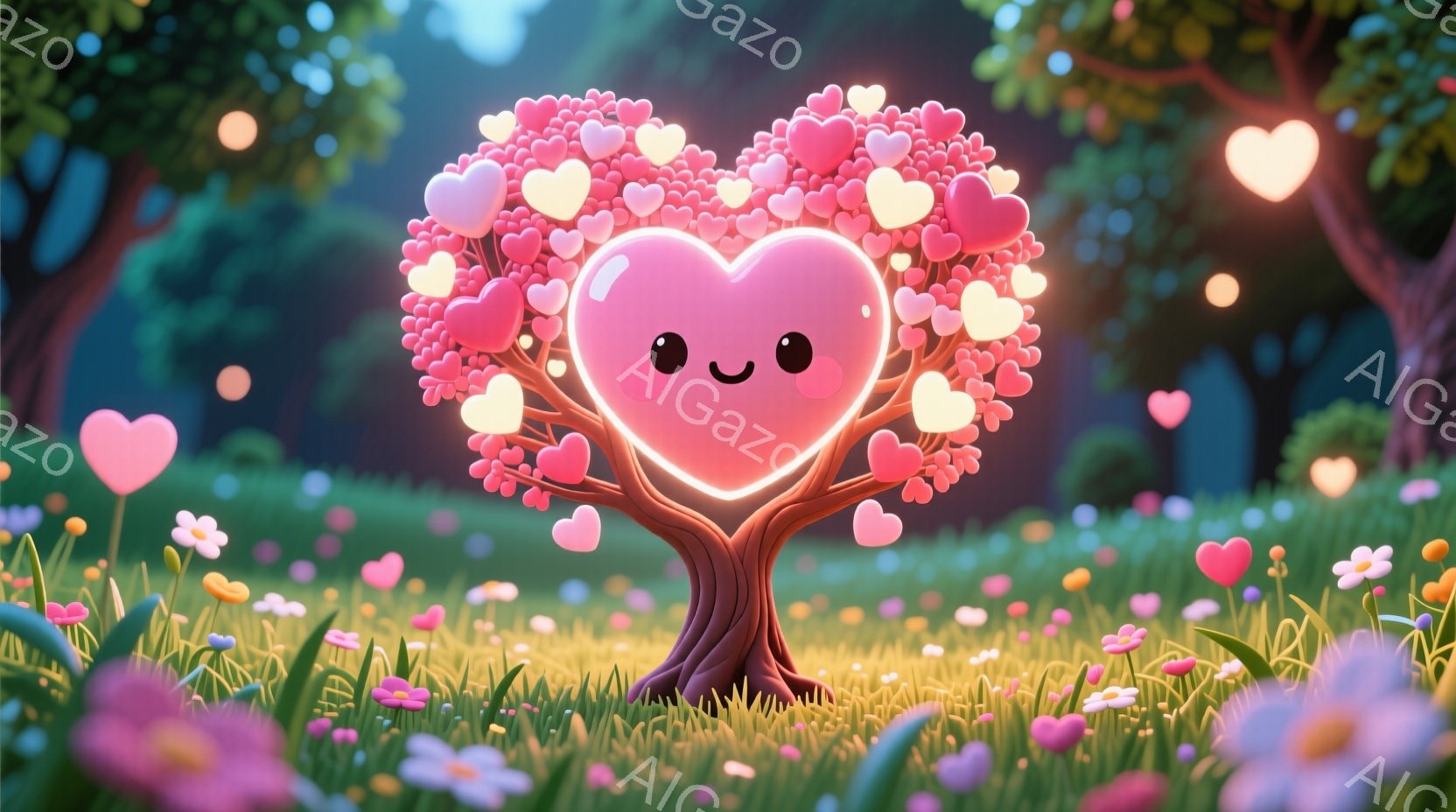 明るい緑の草原の中に、ハートの形をした木が立っています。木の幹は茶色で、葉の代わりに小さなピンク色のハートが茂っており、優しい笑顔を浮かべています。背景にはぼやけたピンクや黄色の花が咲き乱れ、全体的に - AI生成フリー素材