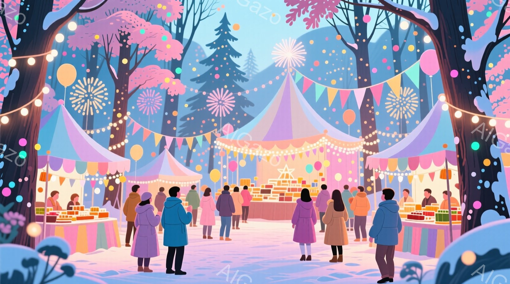 雪が舞う冬の祭りの様子が描かれています。人々はカラフルな冬のコートを着て、屋台が並ぶ会場を散策しています。背景には、雪化粧した木々が立ち並び、会場はカラフルな提灯やイルミネーションで華やかに彩られています。