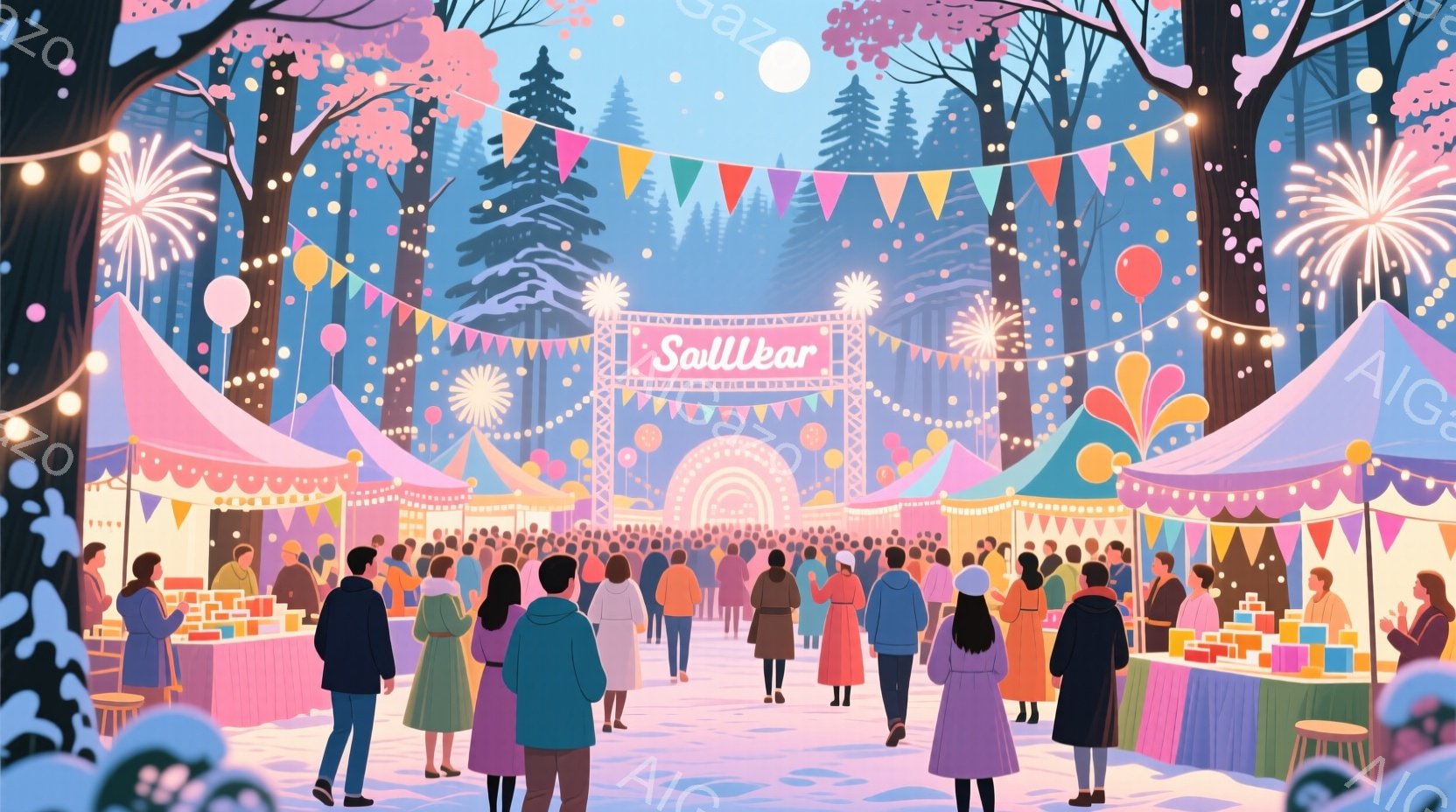 雪がちらつく夜の賑やかな祭り会場が描かれています。人々は冬らしいコートやジャケットを着用し、楽しそうに露店を訪れています。背景には、木々が生い茂り、カラフルな旗やイルミネーションが輝き、華やかな雰囲気 - AI生成フリー素材