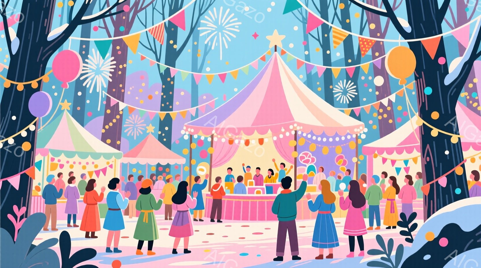 鮮やかな色彩で描かれたこのイラストは、屋外の祭りを表しています。人々はカラフルな服装で、歓談したり、パフォーマンスを楽しんだりしています。背景には、提灯や旗が飾られた屋台が並び、自然豊かな風景が広がっています。