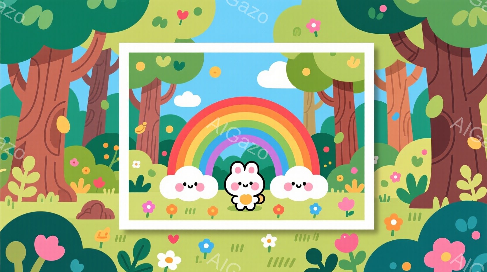 緑豊かな背景に虹と、雲のような姿をした白いウサギのイラストです。ウサギはピンク色の頬と笑顔で、とても可愛らしい印象を与えます。背景には、様々な色とりどりの花々や木々が描かれており、明るく楽しい雰囲気を - AI生成フリー素材