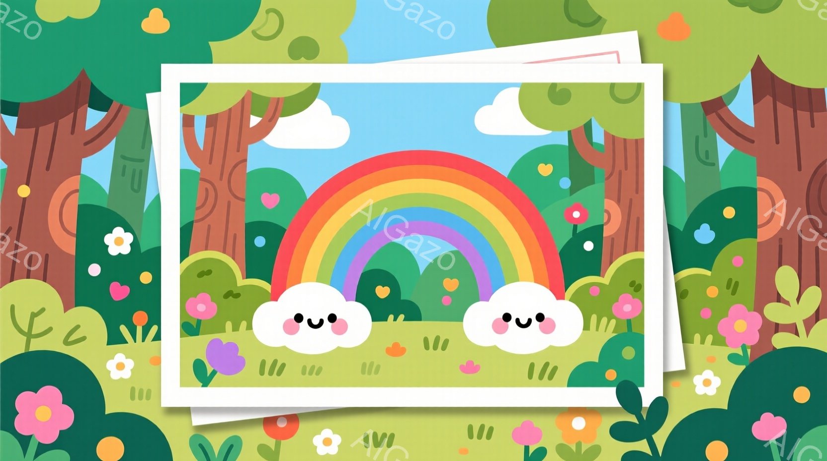 カラフルな虹が緑の丘の上に浮かび、その両端には可愛らしい笑顔の雲がいます。背景には、ピンクや紫の花々や、さまざまな緑色の植物が生い茂っており、明るく陽気な雰囲気を醸し出しています。全体的に、暖かく穏や - AI生成フリー素材