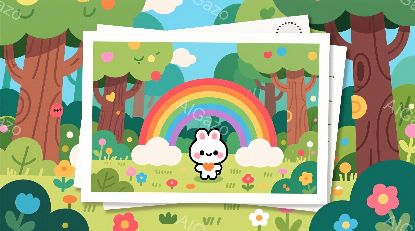 虹の下に立つ白いウサギを描いています。ウサギはピンクの服を着ており、丸い黒い目と小さな赤い頬を持っています。背景には、緑の木々やカラフルな花々が生い茂る草原が広がり、雲が浮かぶ青空が広がっています。