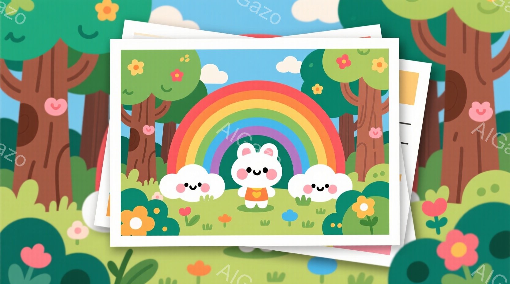 イラスト風のアートワークで、キャラクターとそれを囲むフレームが組み合わされている。主なキャラクターはパンダのような白い体に大きな耳がある。キャラクターは恥ずかしそうな表情をしており、花畑に立っている。背景は春の木々と彩色されたレインボウで、雰囲気は明るく楽しいと感じられる。フレームは白く、手書き風に紙の切り取りを表現している。