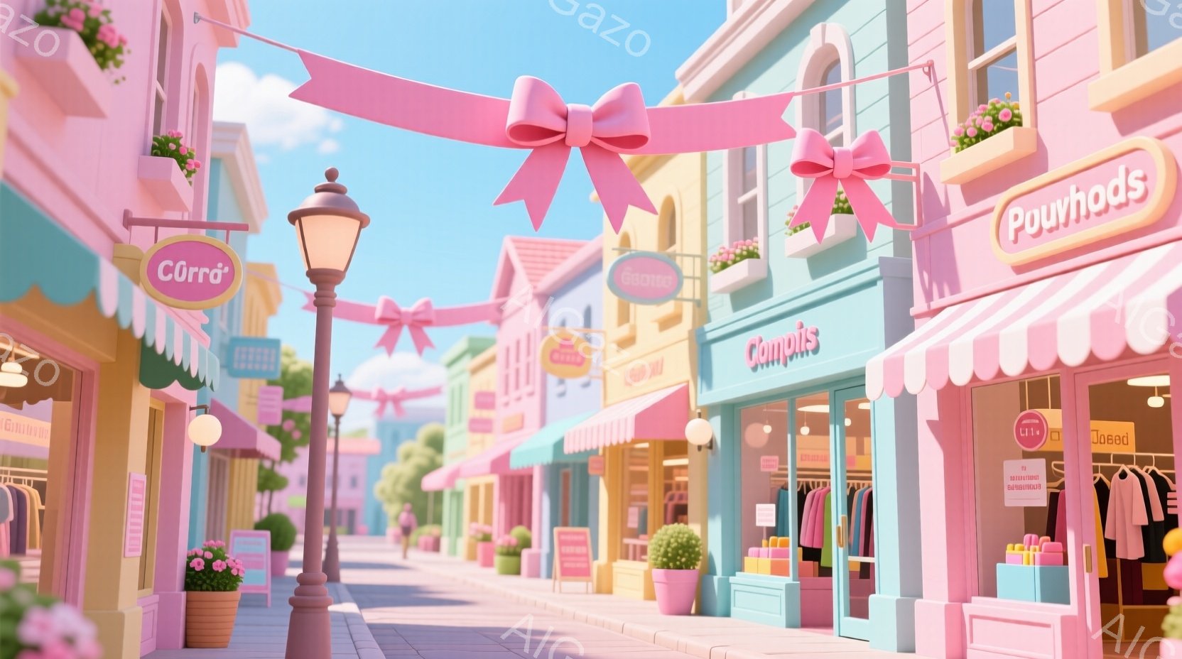 パステルカラーの建物が並ぶ可愛らしい通りが描かれています。各店舗には洋服が飾られており、入り口の上にはピンクのリボンが飾られています。道路沿いには街灯と花壇があり、全体的に夢のような、温かい雰囲気が漂 - AI生成フリー素材