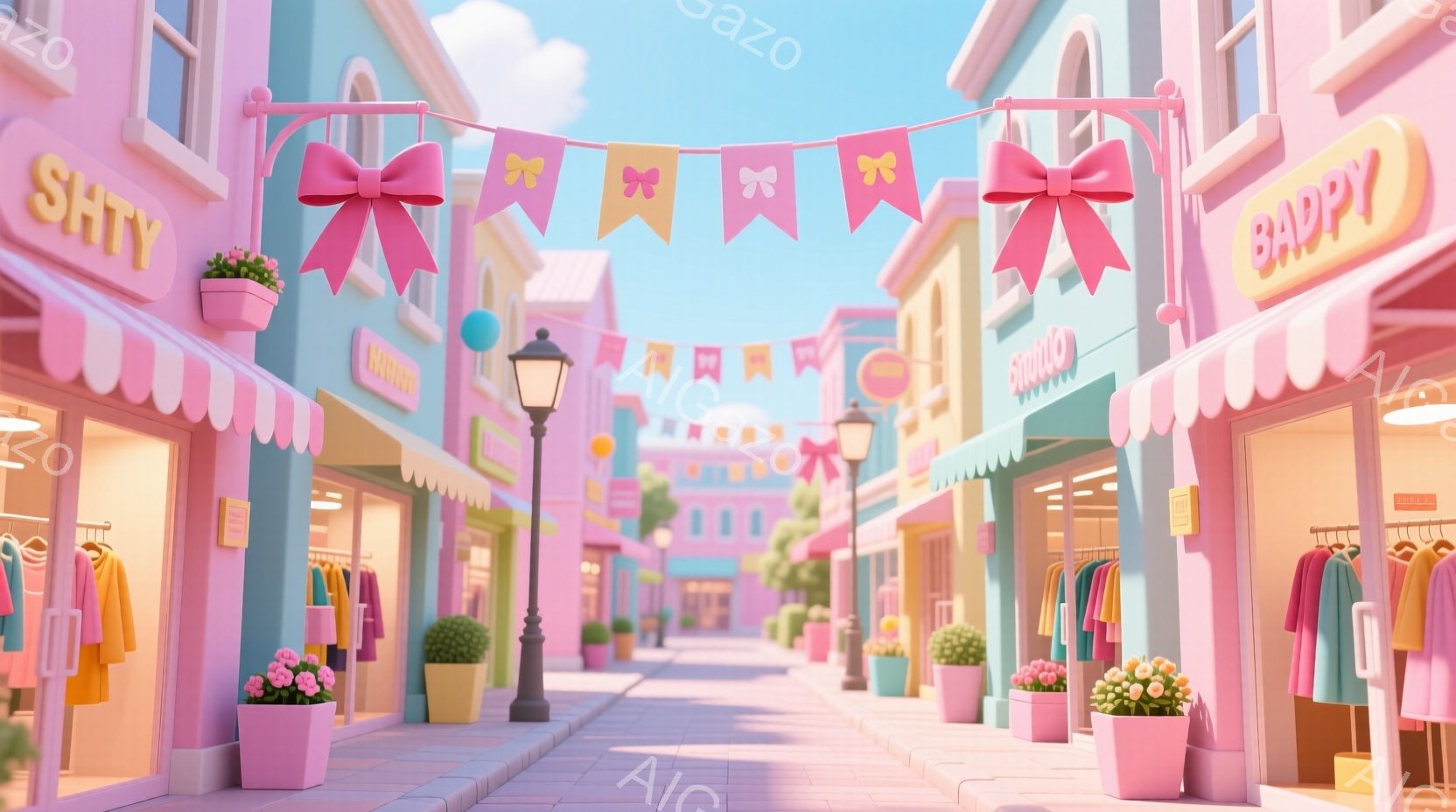 淡いピンクと水色の建物が並ぶ可愛らしい通りが描かれています。各店舗の前には、花が咲いたプランターが置かれ、ハンギングバスケットやカラフルな洋服が飾られています。遠くには、薄いピンク色の建物が見え、全体 - AI生成フリー素材