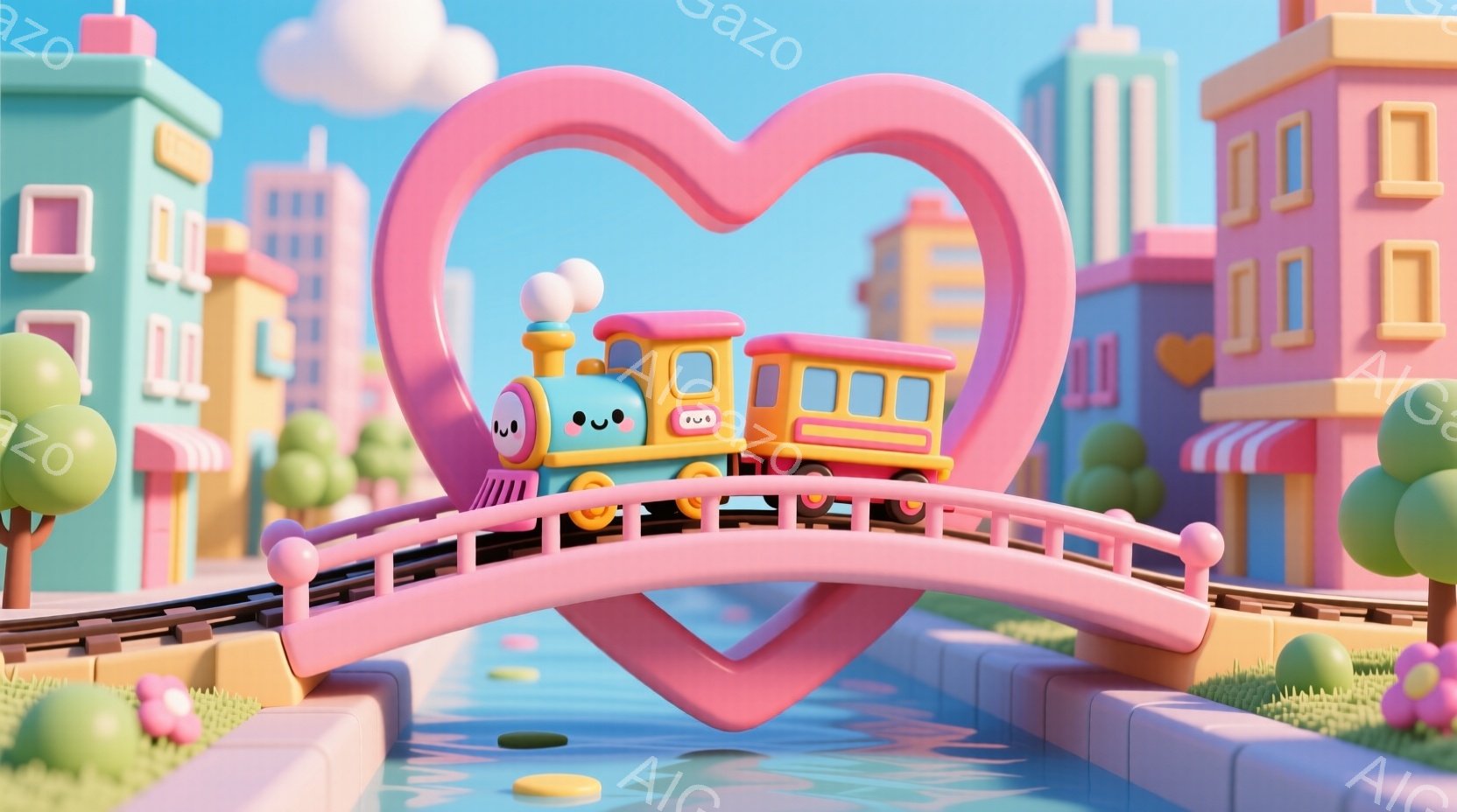 鮮やかなパステルカラーで彩られた、おとぎ話のような風景です。青い機関車がピンク色のハート型の橋を渡っており、可愛らしい表情をしています。背景には、カラフルな建物と緑の草地が広がり、穏やかで夢のような雰囲気を醸し出しています。