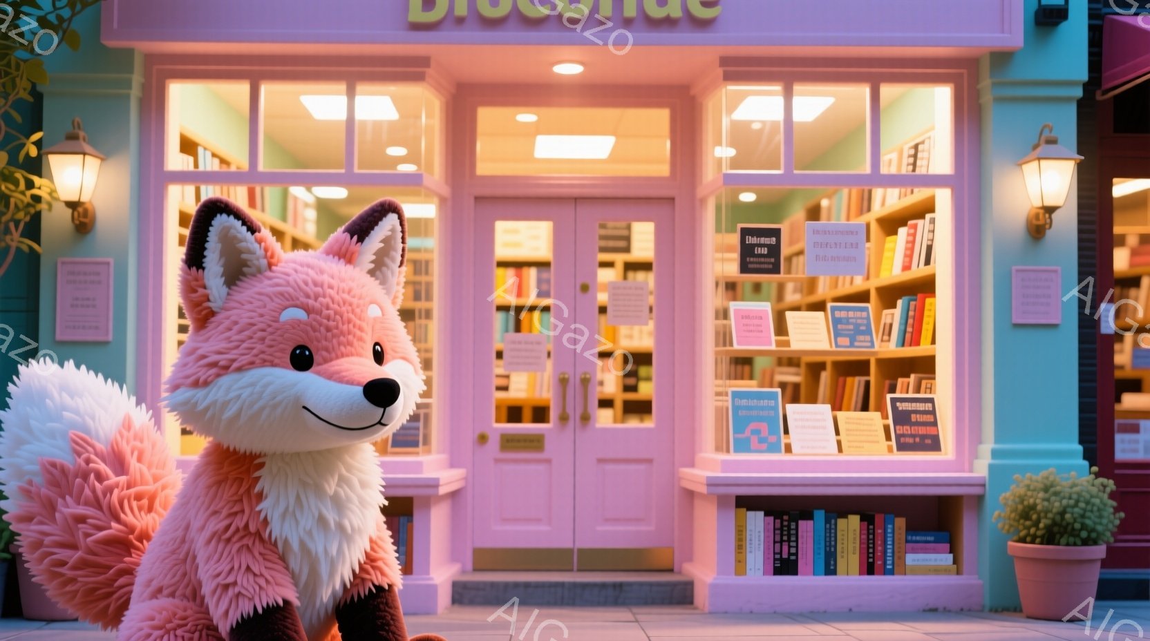 明るい水色の建物前に、大きなオレンジ色のキツネのぬいぐるみが立っています。キツネは正面を向き、愛らしい表情で、まるで本屋の入り口を見守っているようです。本屋はピンク色で、ショーウィンドウにはたくさんの本が並び、温かく魅力的な雰囲気です。