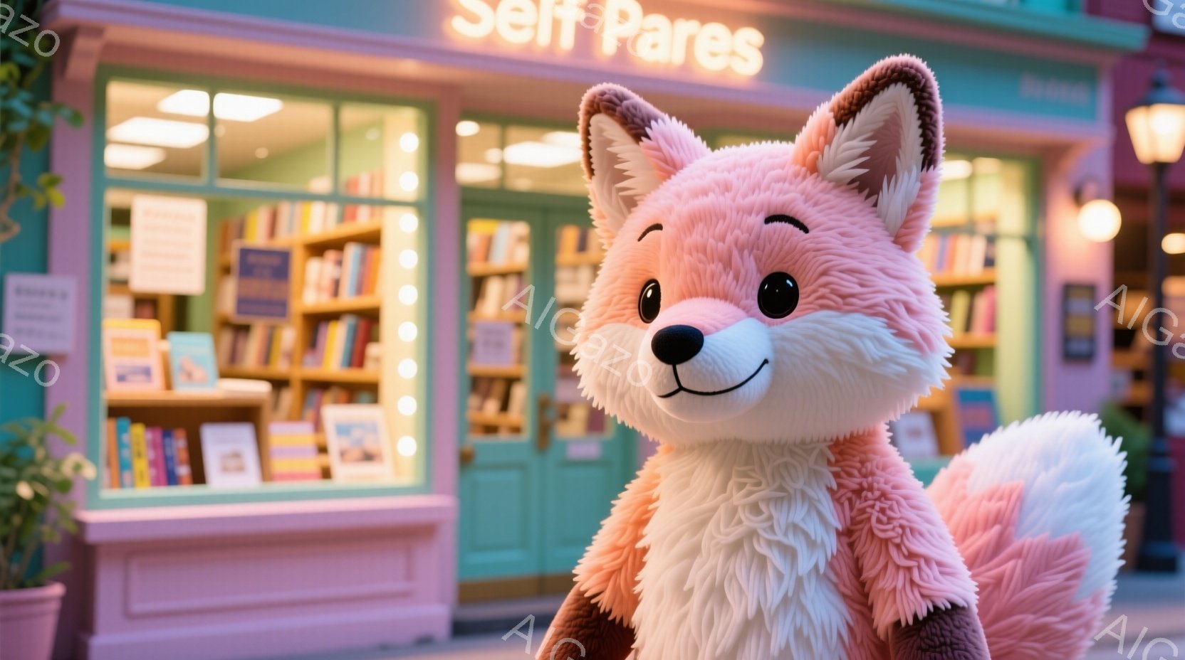 明るい緑色の建物前に、オレンジと白の毛並みを持つ愛らしいキツネのぬいぐるみがあります。キツネは正面を向き、穏やかな表情で微笑んでいます。背景には、本棚が並び、照明が灯った可愛らしい書店があり、全体的に暖かく、ほのぼのとした雰囲気が漂っています。