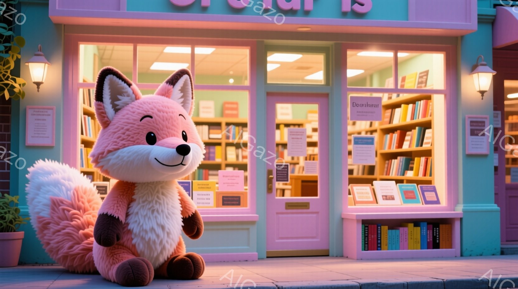 大きなぬいぐるみキツネが、ピンク色の枠で飾られた店前に座っています。背景には本棚が並んだ明るい書店があり、入り口にはいくつかのポスターが貼られています。夜の街並みで、店の看板や街灯が暖かく光り、平和で心地よい雰囲気を作り出しています。