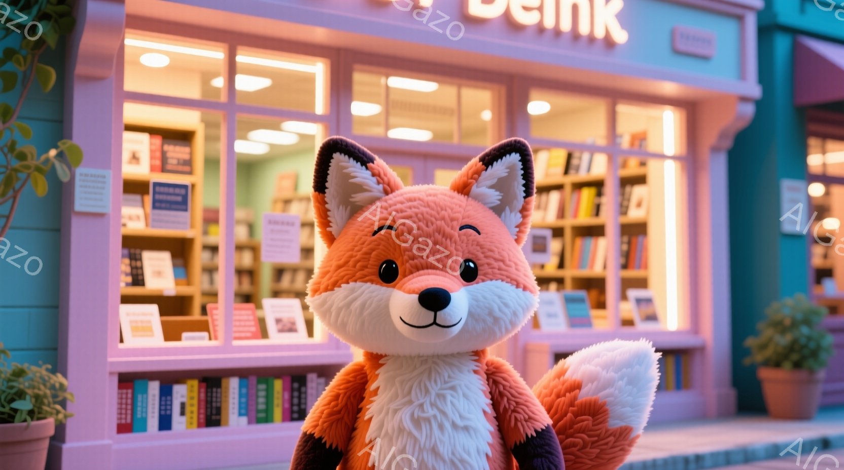 明るいオレンジ色のふわふわのキツネのぬいぐるみは、店の前に立っており、笑顔でこちらを見ています。背景には、たくさんの本が並んだ本屋が見え、薄紫色の可愛らしい外観が印象的です。全体的に暖かく、親しみやすい雰囲気が漂っています。