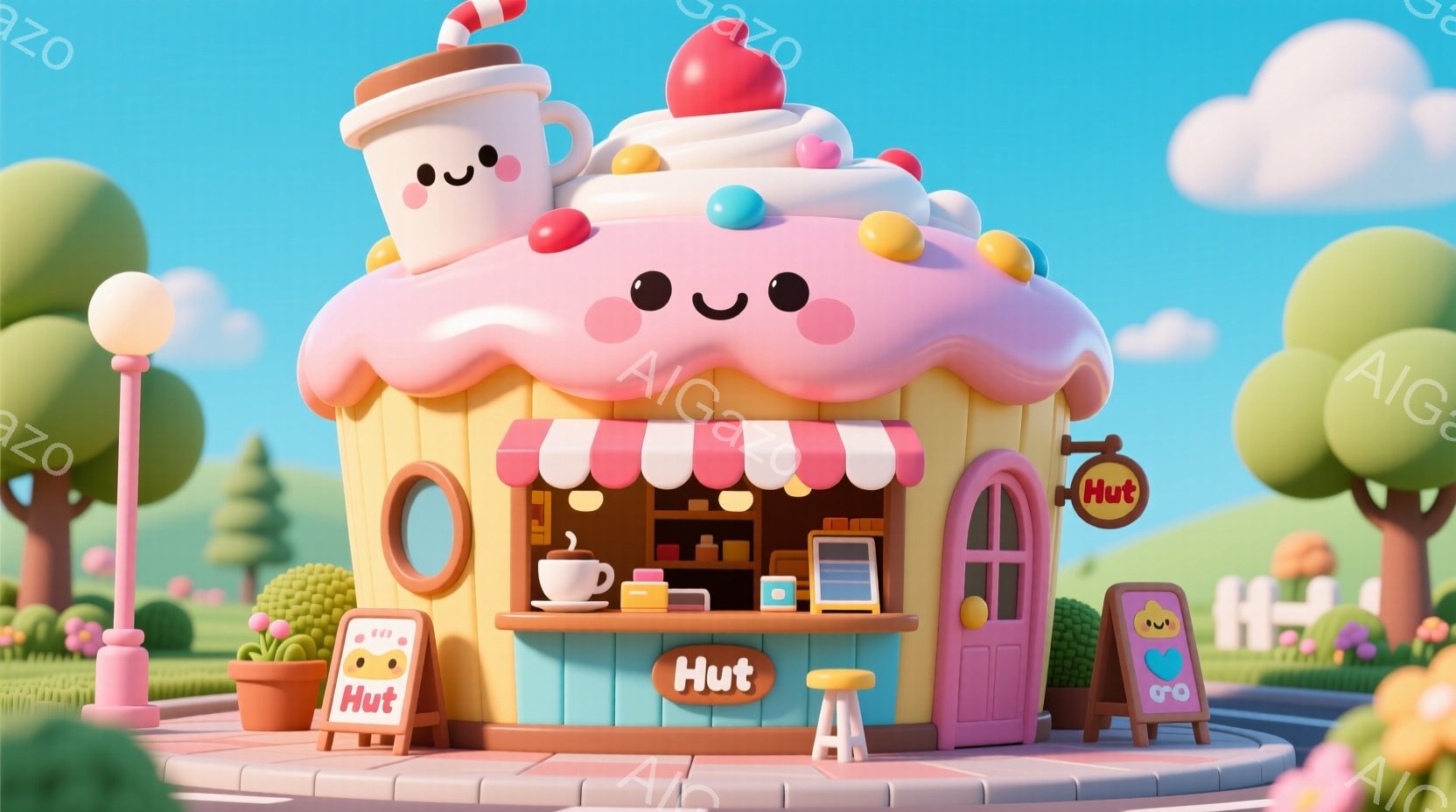 可愛らしいコーヒーショップを表現しています。建物は巨大なコーヒーカップを模した形をしており、クリームと赤いストロベリーがトッピングされています。背景には緑豊かな木々や穏やかな青空が広がり、暖かく、明るい雰囲気を醸し出しています。