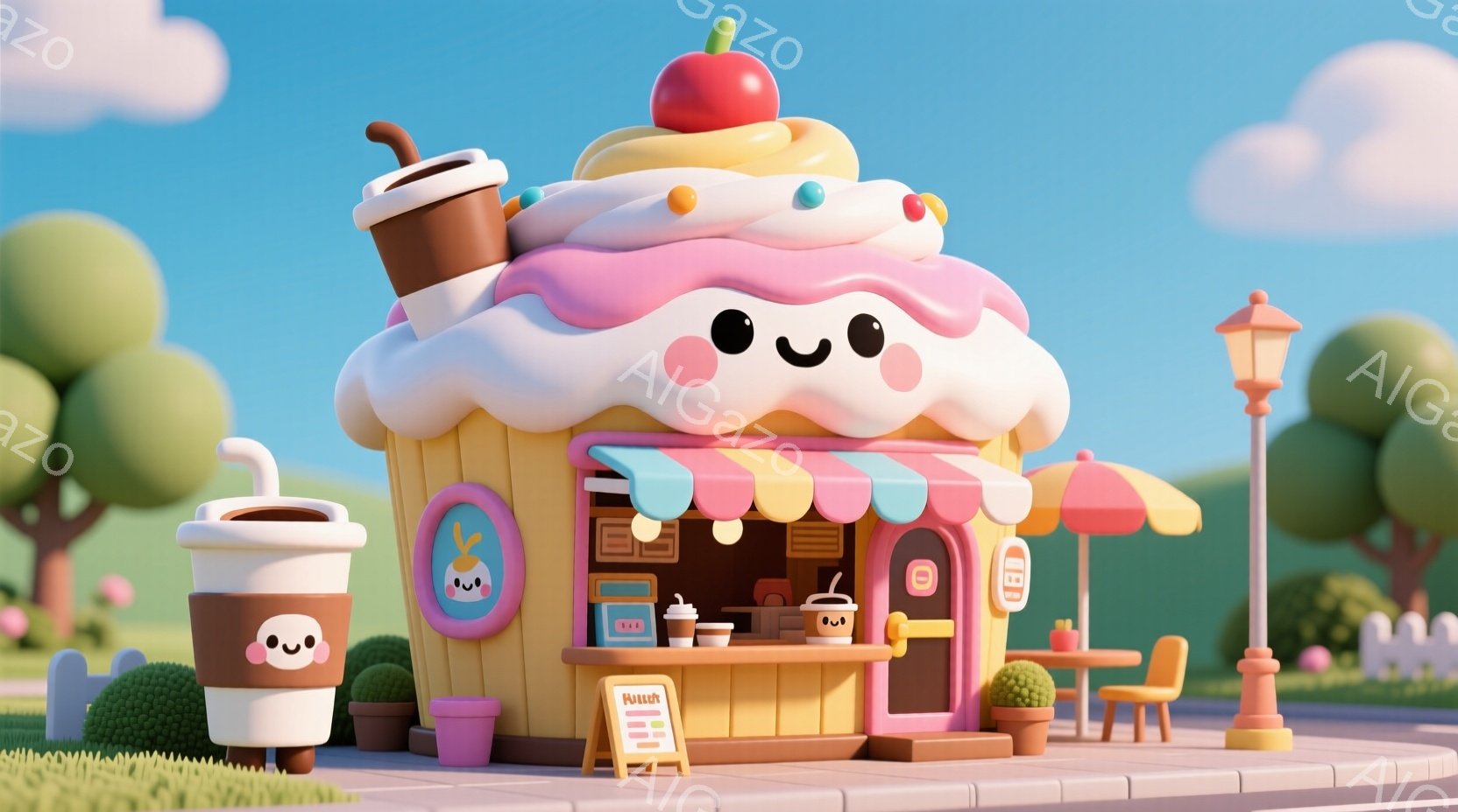 鮮やかな青空の下、かわいらしいカップケーキの形をした店が建っています。店はクリームと赤いチェリーで飾られ、入り口にはピンク色のストライプの屋根がついています。店の前にはコーヒーカップのキャラクターと植木鉢、そして小さなテーブルと椅子が置かれ、とても温かくて楽しい雰囲気です。