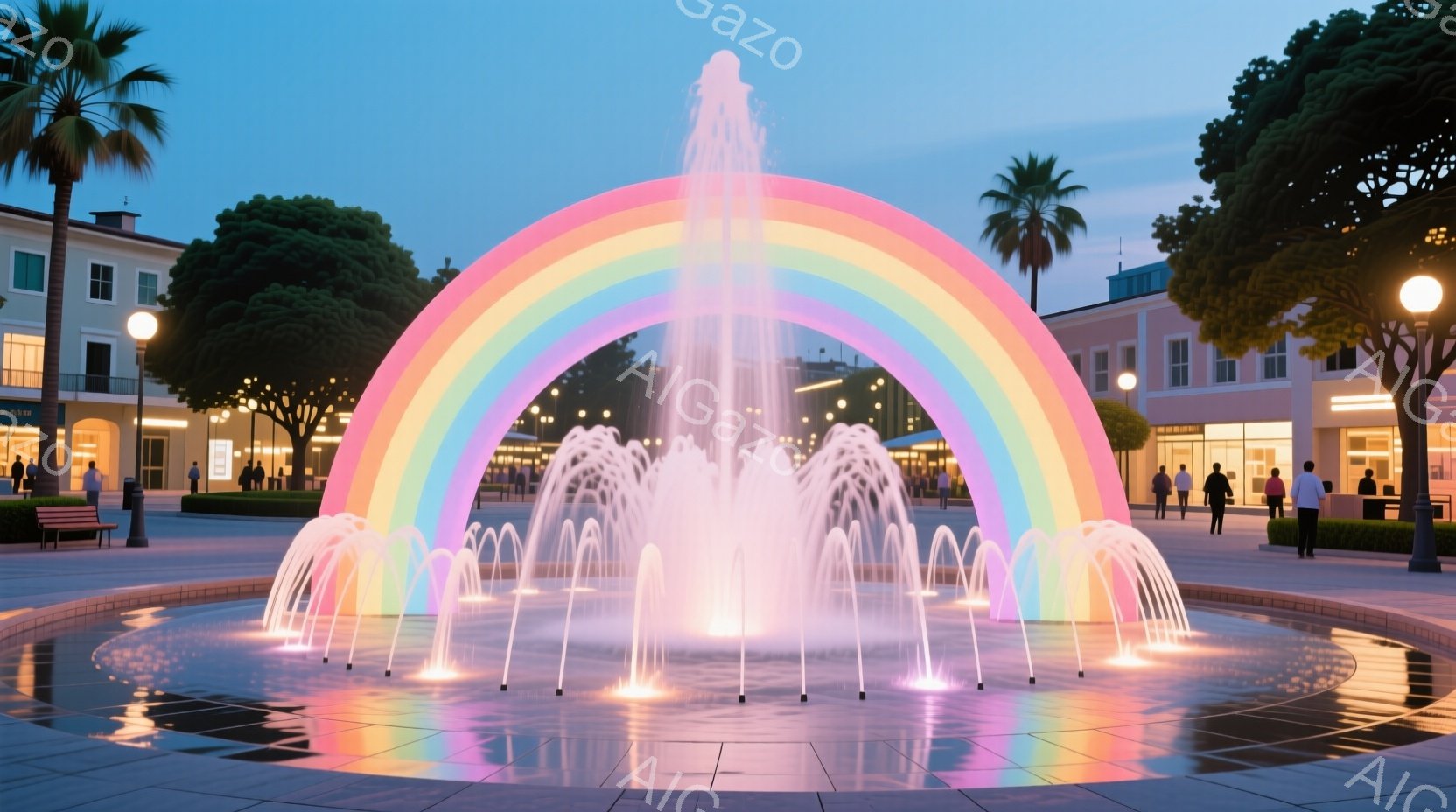 広場の中央には、虹色に輝く噴水がそびえ立ち、水しぶきが美しい弧を描いています。背景には、クリーム色の建物が立ち並び、緑豊かな木々が並木道を彩っています。穏やかな夕暮れ時で、空は淡い青色に染まり、平和で - AI生成フリー素材