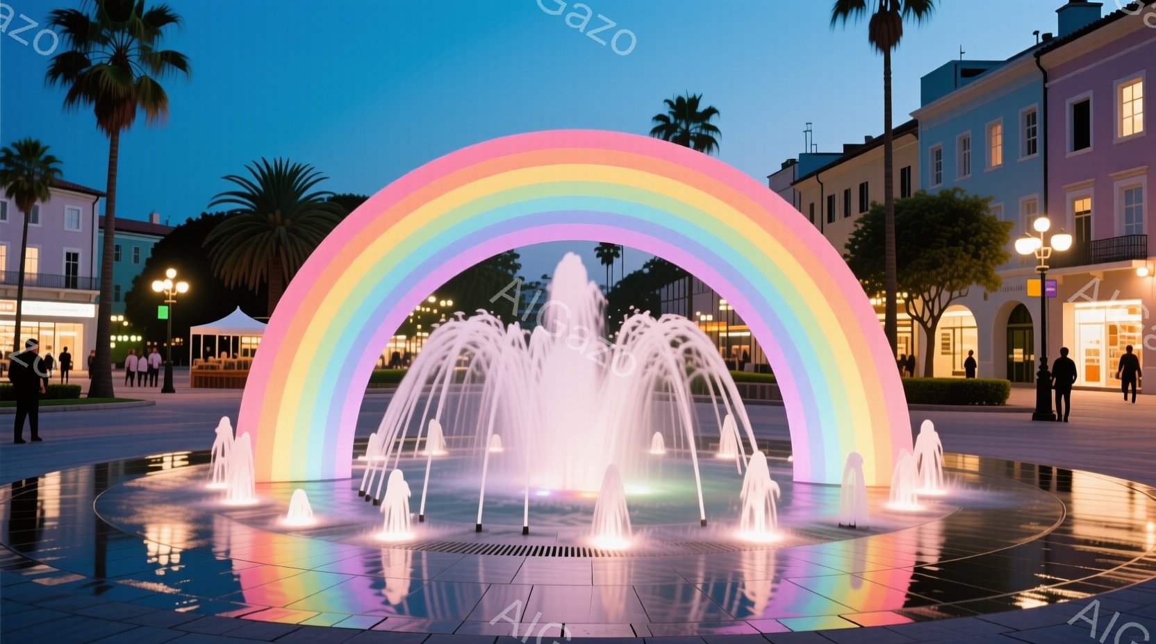 広場の中央には虹色の光を放つ噴水があり、水柱が円形に広がっている。周囲にはパステルカラーの建物が立ち並び、ヤシの木がシルエットとなって青空に浮かび、穏やかな夕暮れ時の雰囲気が漂っている。数人の人々は黒 - AI生成フリー素材