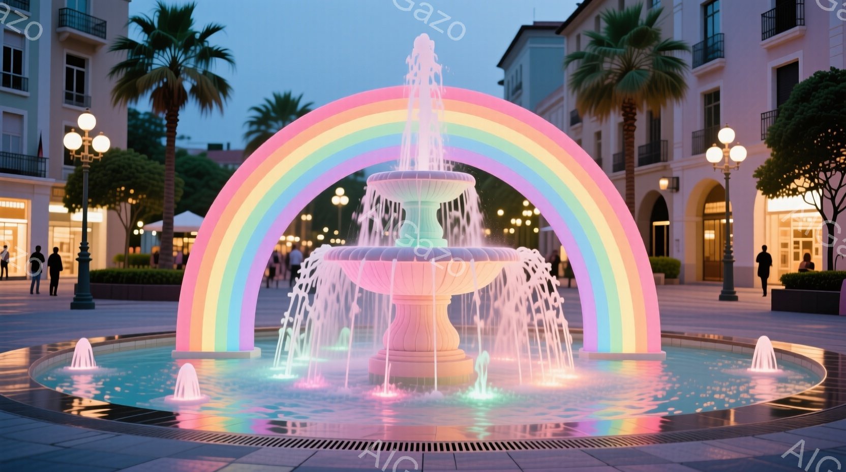 広場の中央には、虹色にライトアップされた美しい噴水がそびえ立っています。背景には、白くモダンな建物が立ち並び、ヤシの木が穏やかな熱帯の雰囲気を醸し出しています。噴水の光と周囲の建物が調和し、幻想的で平和な空間を作り出しています。