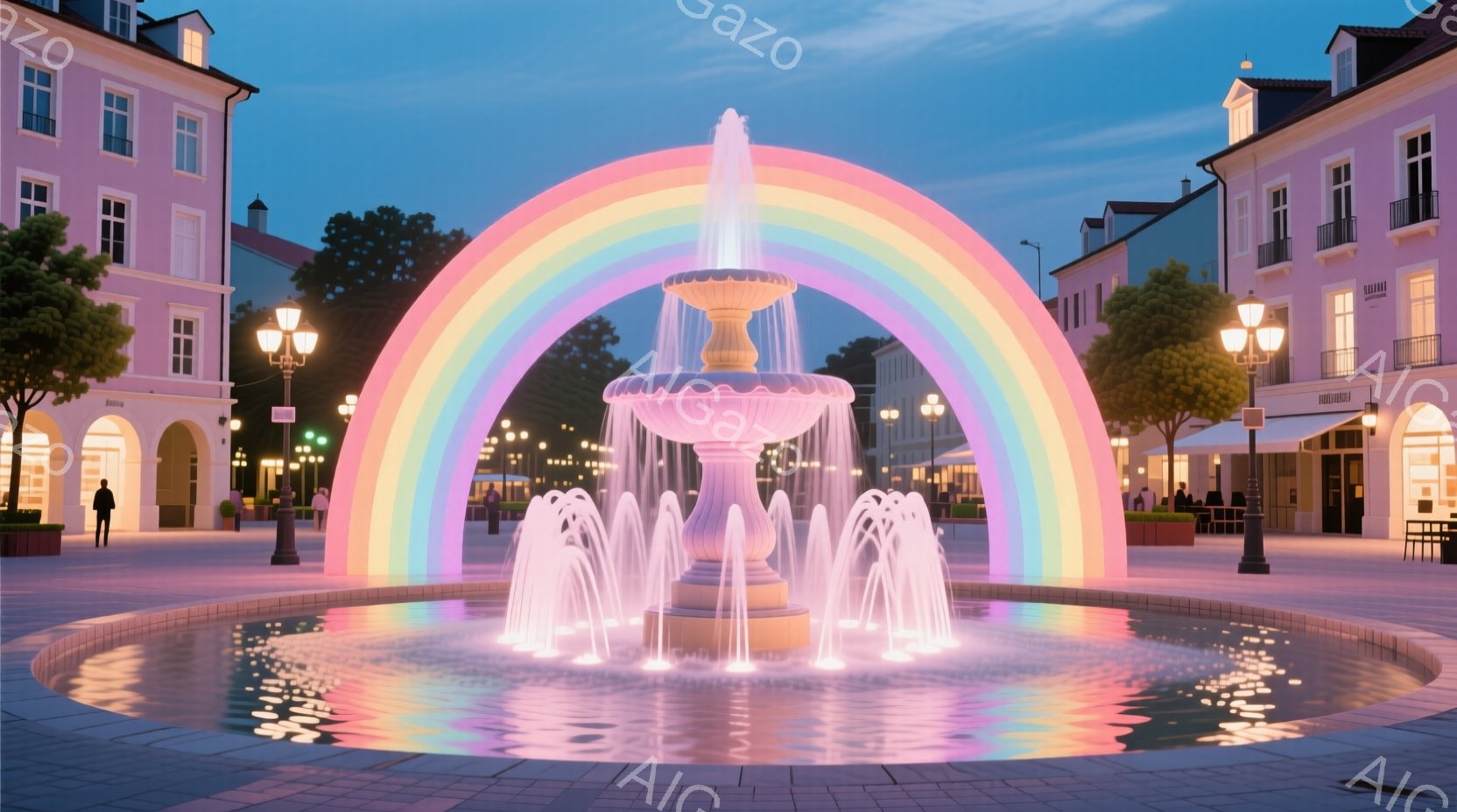 広場の中央には、虹色の光を放つ噴水が設置されており、水しぶきが周囲に幻想的な光彩を散らしている。背景には、パステルカラーの可愛らしい建物が並び、穏やかな夜空の下、静かで平和な雰囲気が漂っている。街灯の灯りが広場を優しく照らし、まるで絵画のような美しい情景を作り出している。