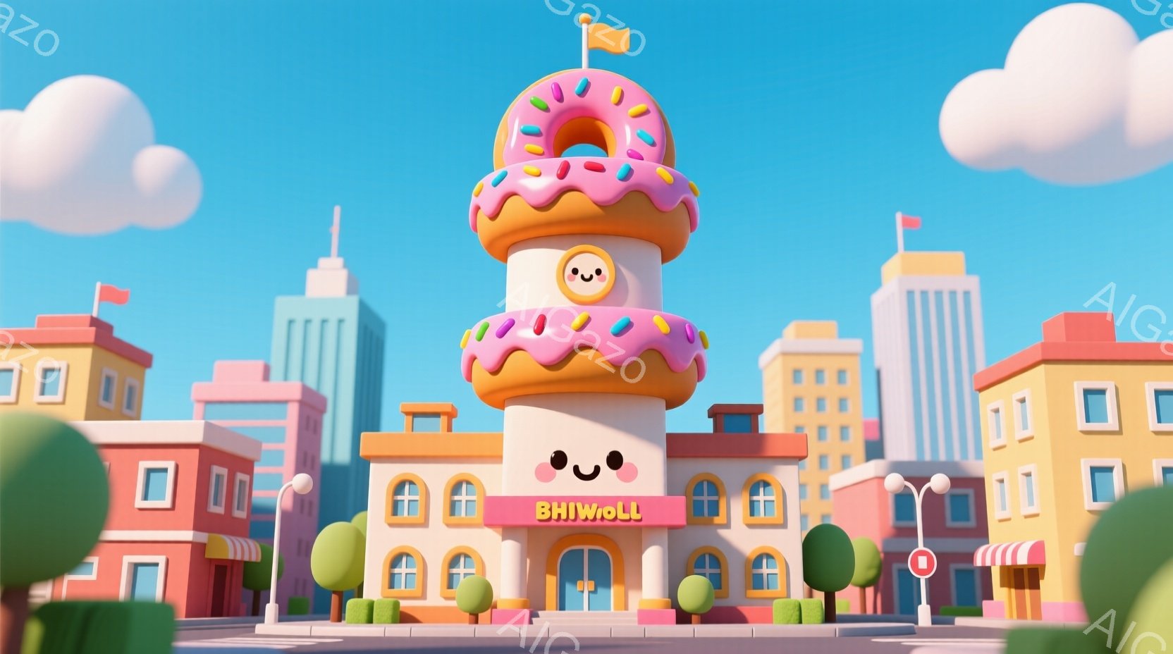 カラフルな街並みに、ドーナツを模した建物がひときわ目を引きます。建物の正面には可愛らしい顔が描かれており、まるで生きているかのような愛らしい表情をしています。背景には、パステルカラーの建物が整然と並び - AI生成フリー素材