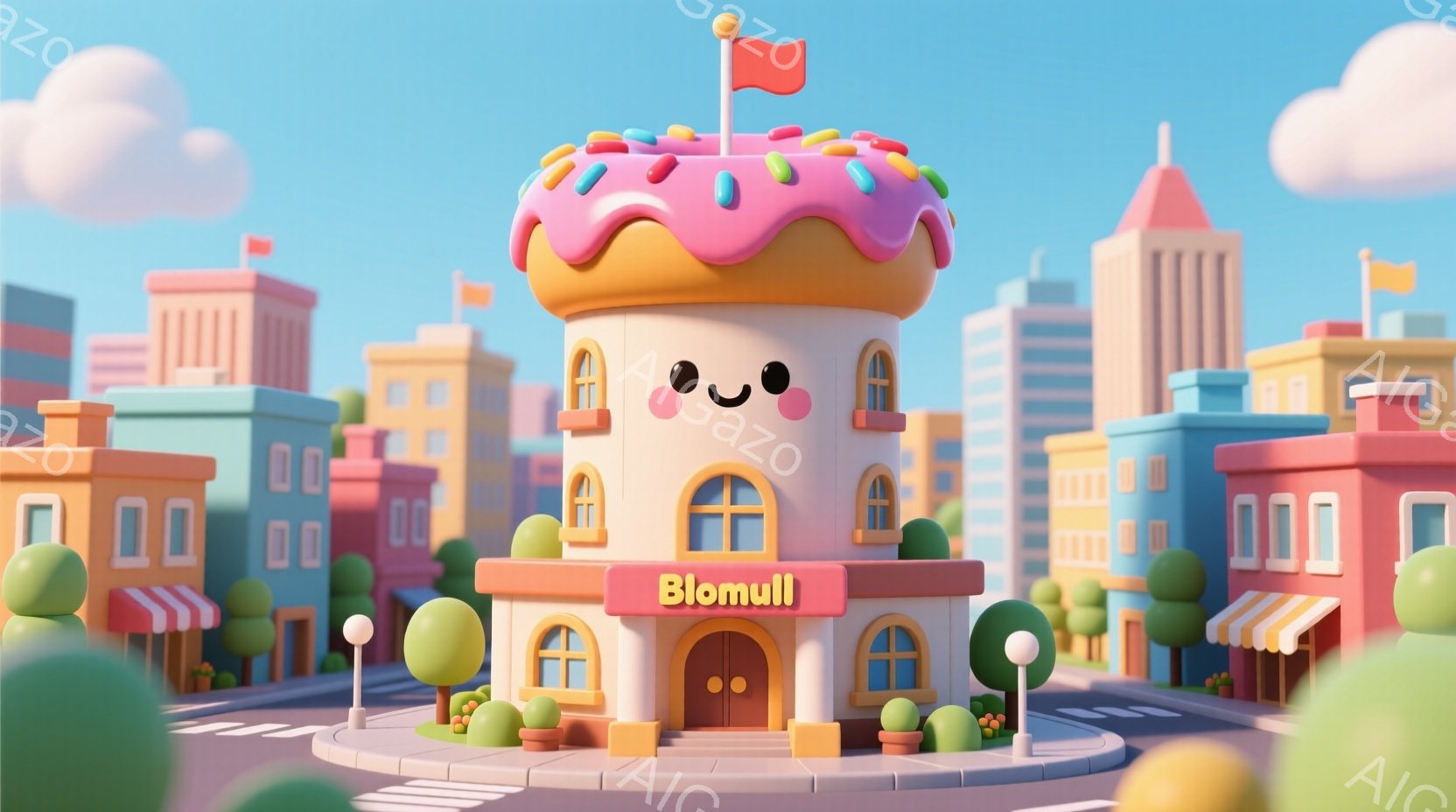 カラフルな建物が立ち並ぶ街並みに、ドーナツのような建物がひときわ目立っています。ドーナツの建物には愛らしい顔が描かれており、屋上にはカラフルなトッピングが飾られています。背景には、緑の木々や青い空が広 - AI生成フリー素材