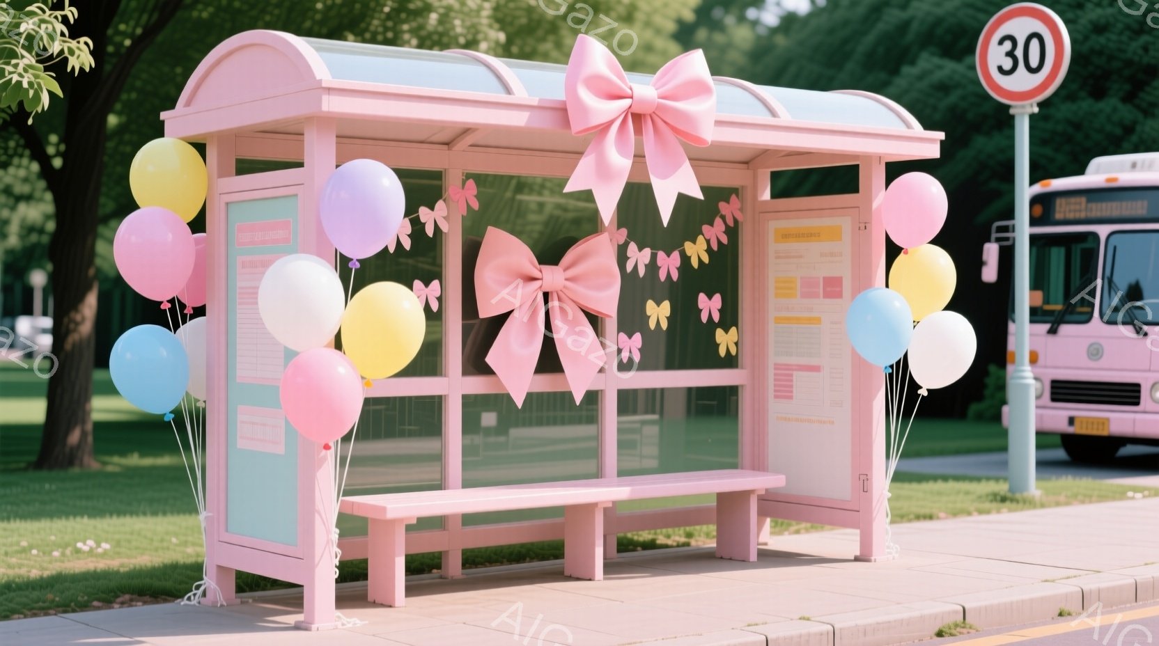 ピンク色のバス停が、カラフルな風船とリボンで飾られています。背景には緑豊かな木々と道路、そして遠くに見えるバスが写っており、晴天の下、春らしい穏やかな雰囲気が漂っています。バス停の装飾は華やかで、何か - AI生成フリー素材
