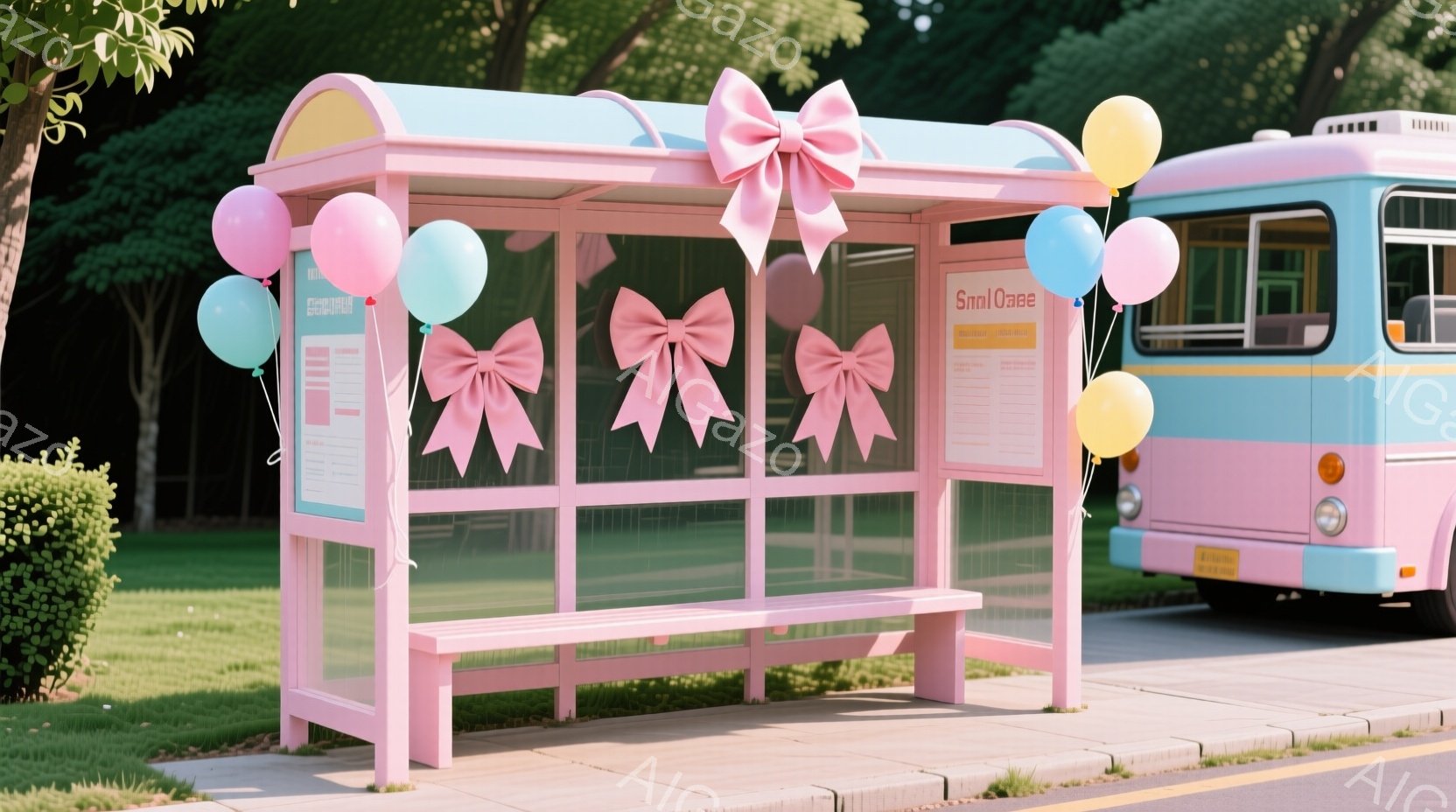 ピンク色のバス停が道路の横に立っており、たくさんのピンクと黄色の風船で飾られています。背景には緑豊かな芝生と木々が見え、天候は晴れで、全体的に明るく、お祝いのような雰囲気です。バス停自体も可愛らしく、 - AI生成フリー素材
