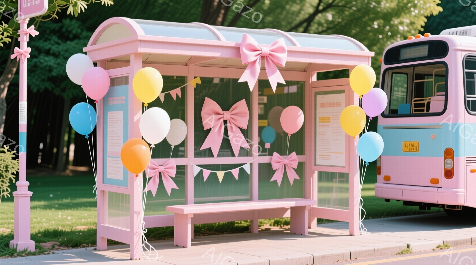 ピンク色の装飾が施されたバス停が写真の中央に位置し、ピンク、白、水色、オレンジ、黄色の風船で飾られています。背景には緑豊かな木々が見え、晴れた日の穏やかな雰囲気を醸し出しています。バス停の装飾と明るい - AI生成フリー素材