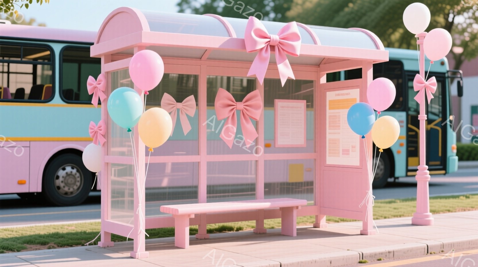 公共交通機関（バス）を中心とした場所にあるピンク色の待合室を表しています。待合室には、バーコード式の綴じ込みが施されており、その縁にはバルーンが飾られていることが注目すべきです。 待合室の中には、いくつかのイベント用の装飾があり、ピンクと白の色調が一貫しています。バッチやペンシルも同じカラーでデザインされており、淡い日差しが照らすことで、待合室の中は明るく温かい雰囲気になっています。 バスは市内の通りを走っており、道路の両サイドには軽い建造物が見られるでしょう。